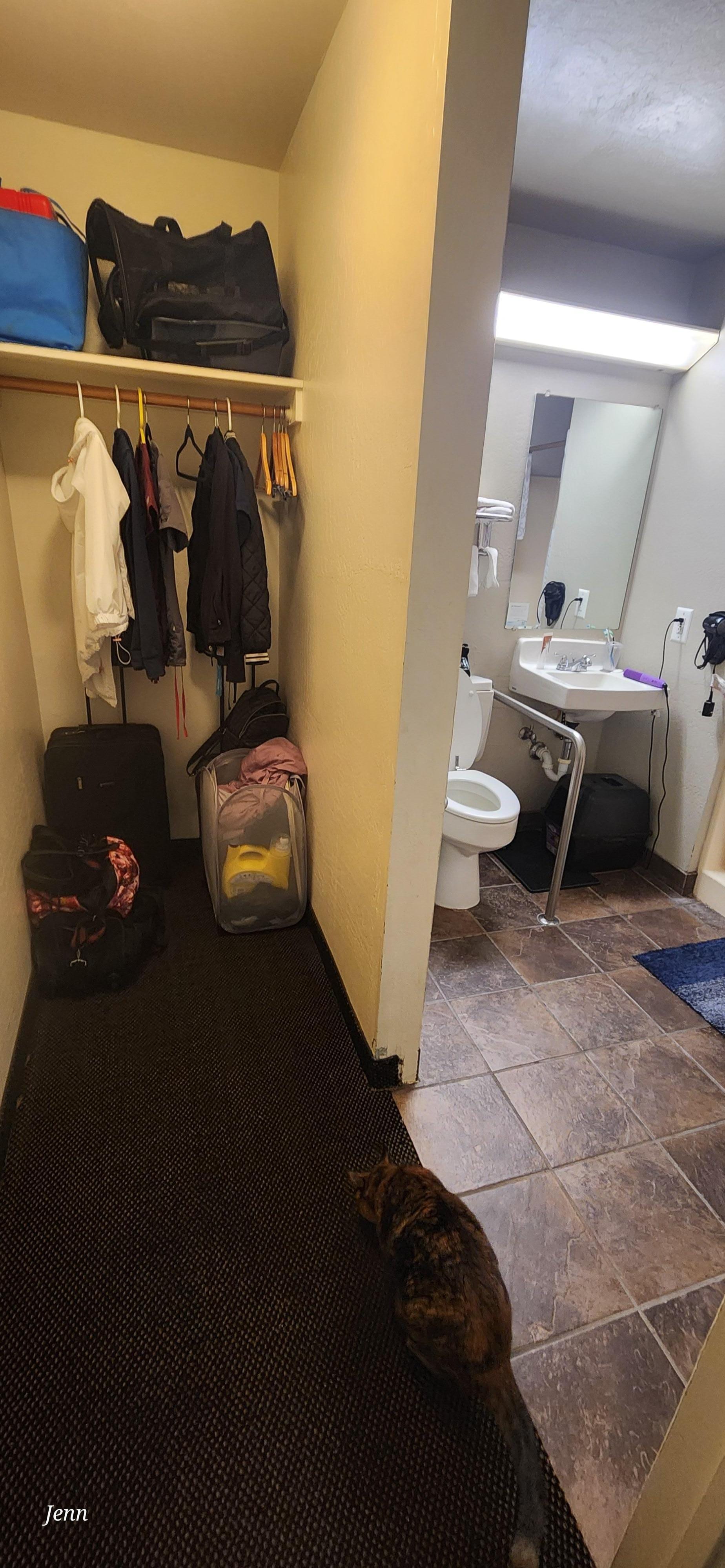 Closet area & bathroom with separate door separating from bedroom