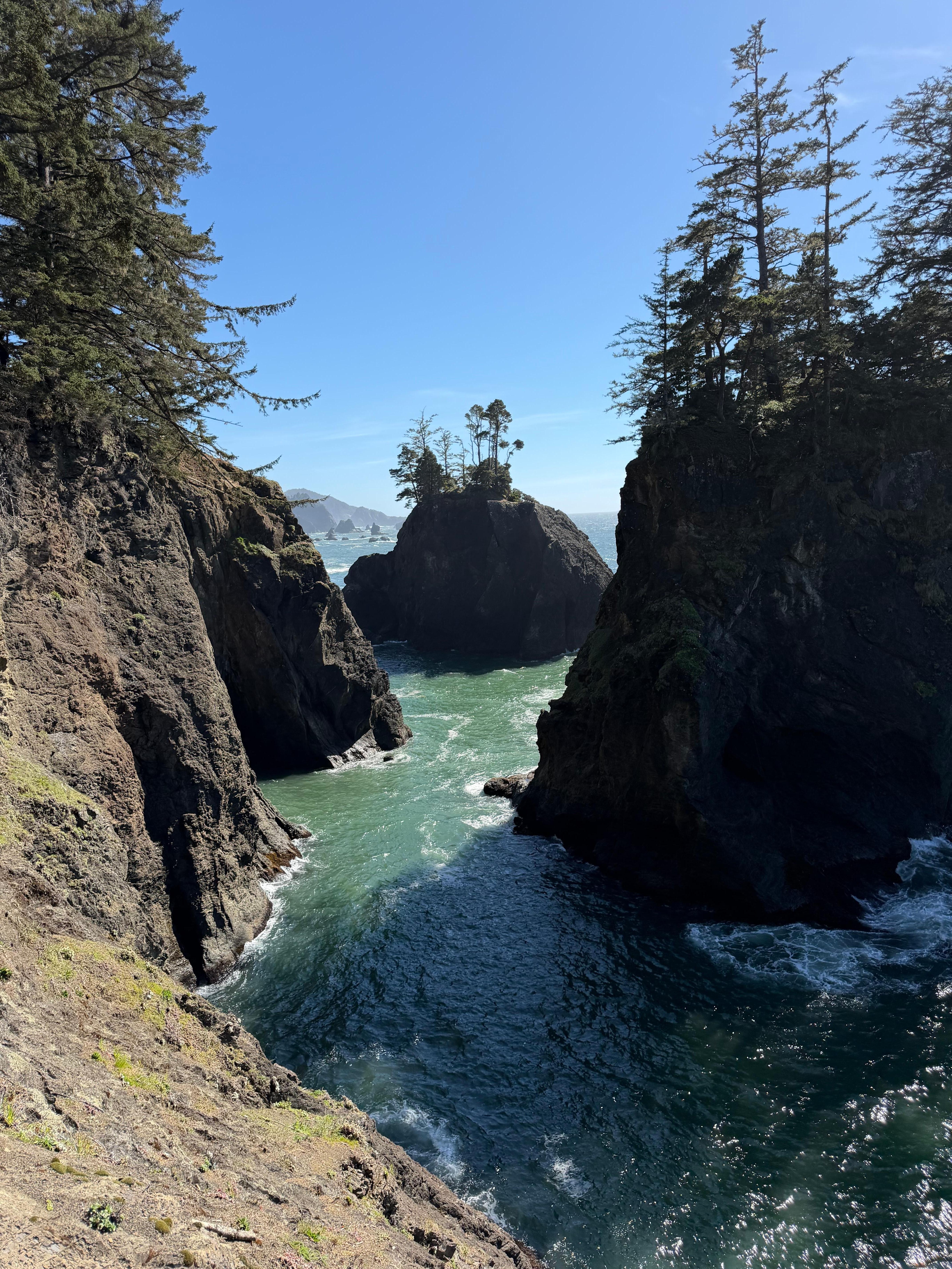 Natural Bridges Cove. About 10-15 miles south of Gold Beach. 