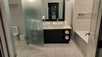 The bathroom looks nice but nothing functions correctly except for the lights.