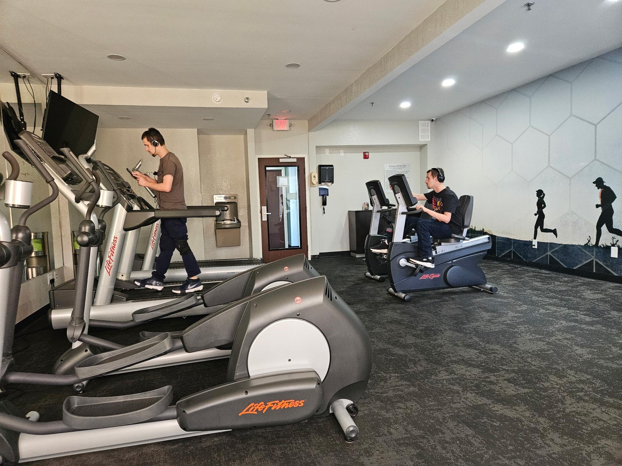 Working out in the workout room.