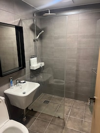 Wet room with fantastic shower.