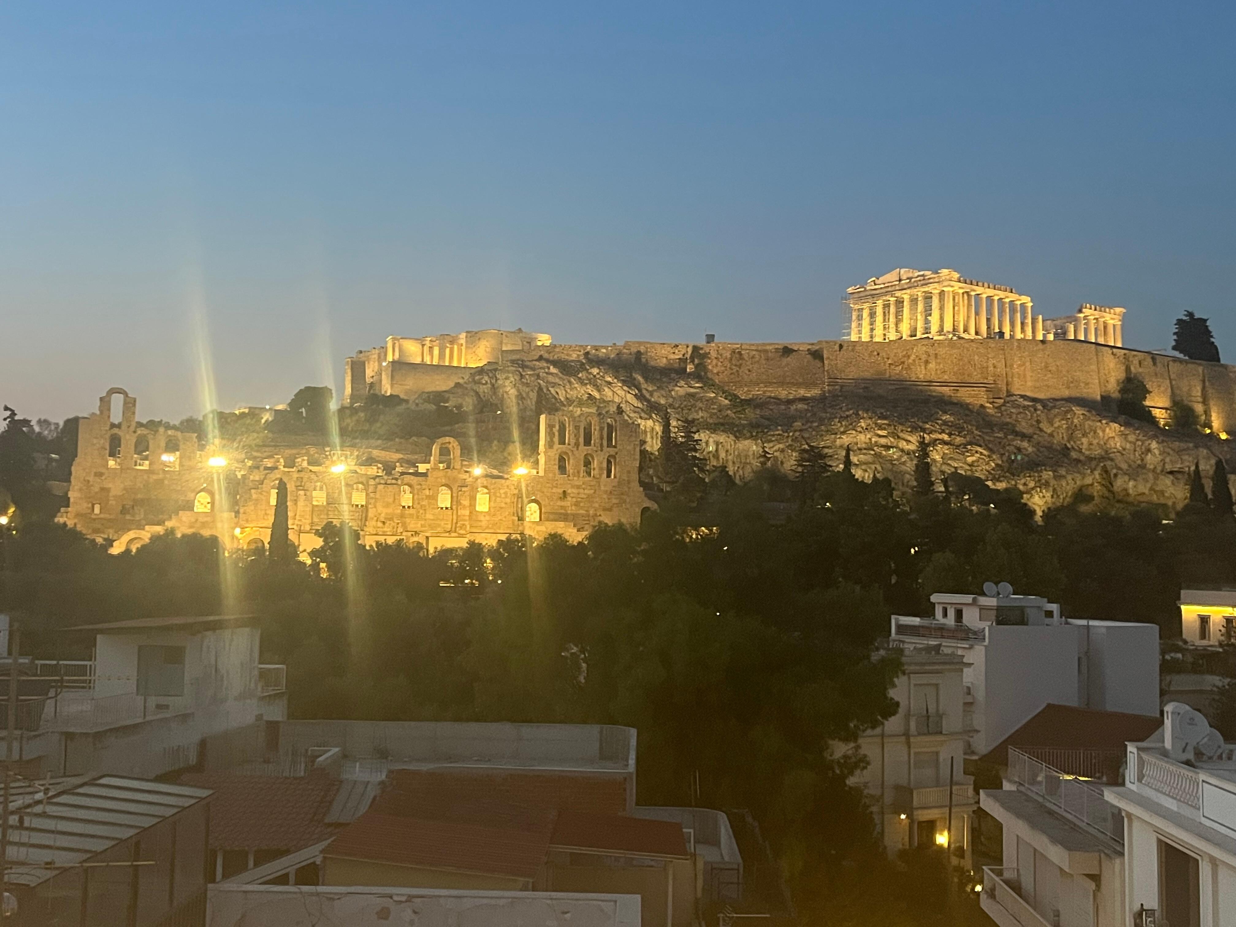 The acropolis and Parthenon at night from our balcony 