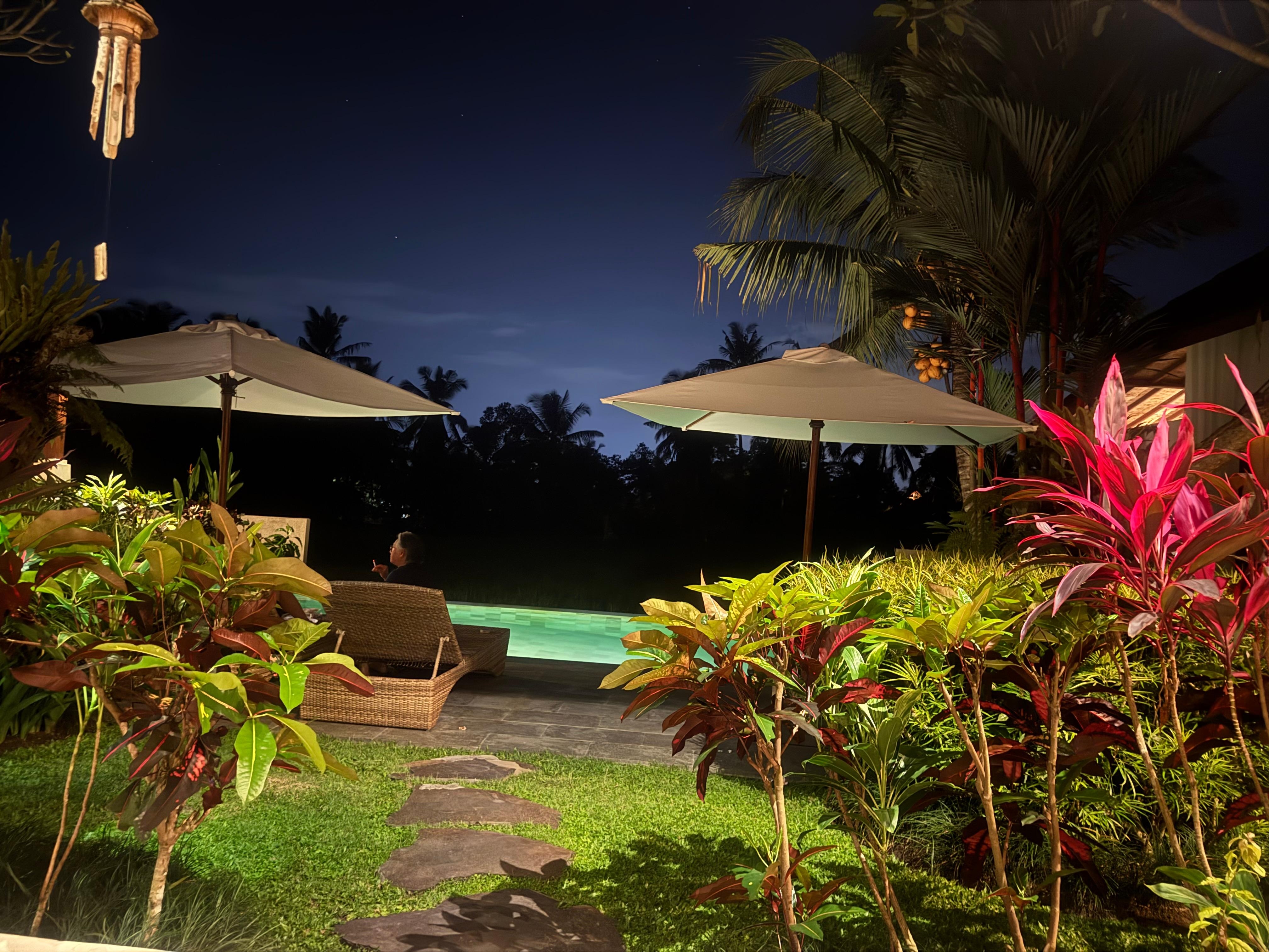 Views of the porch at night. 