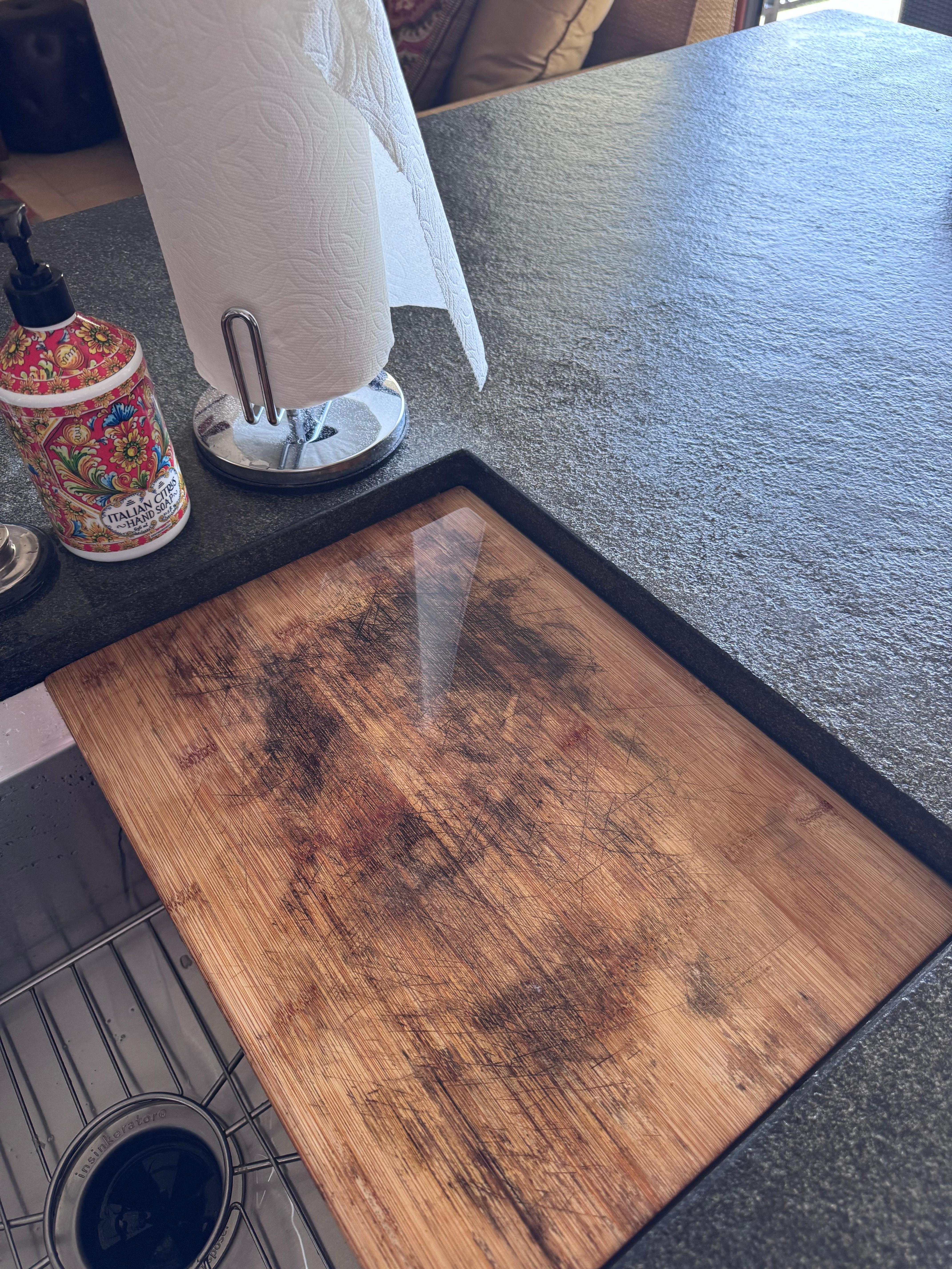 Moldy cutting board built into kitchen sink. 