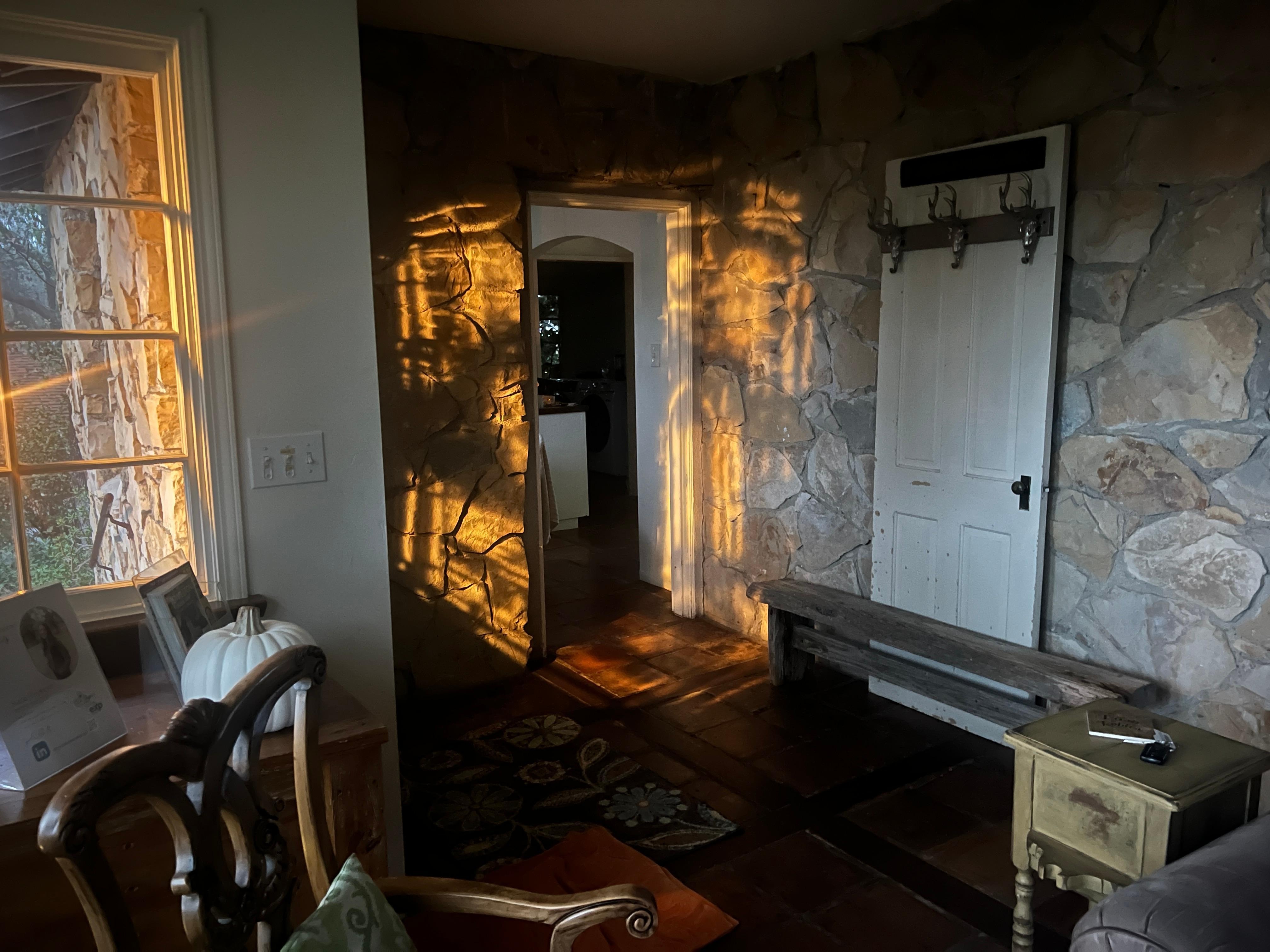 Early am reflection of solar lanterns from outside, but looks like a sunset!