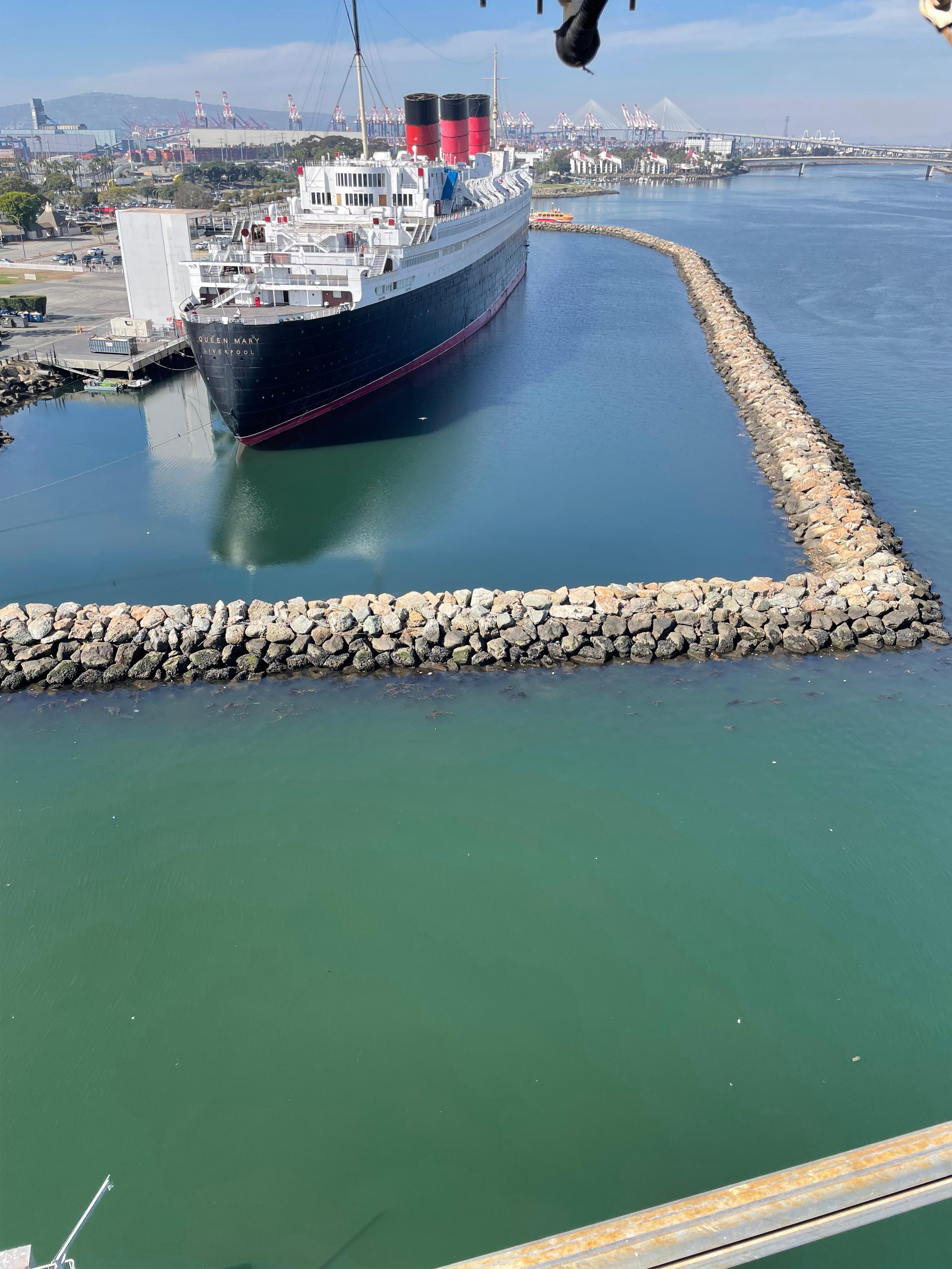 Here’s the view of the stern of the Queen Mary from our cruise ship!