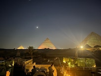 Pyramid light show from the roof while eating dinner