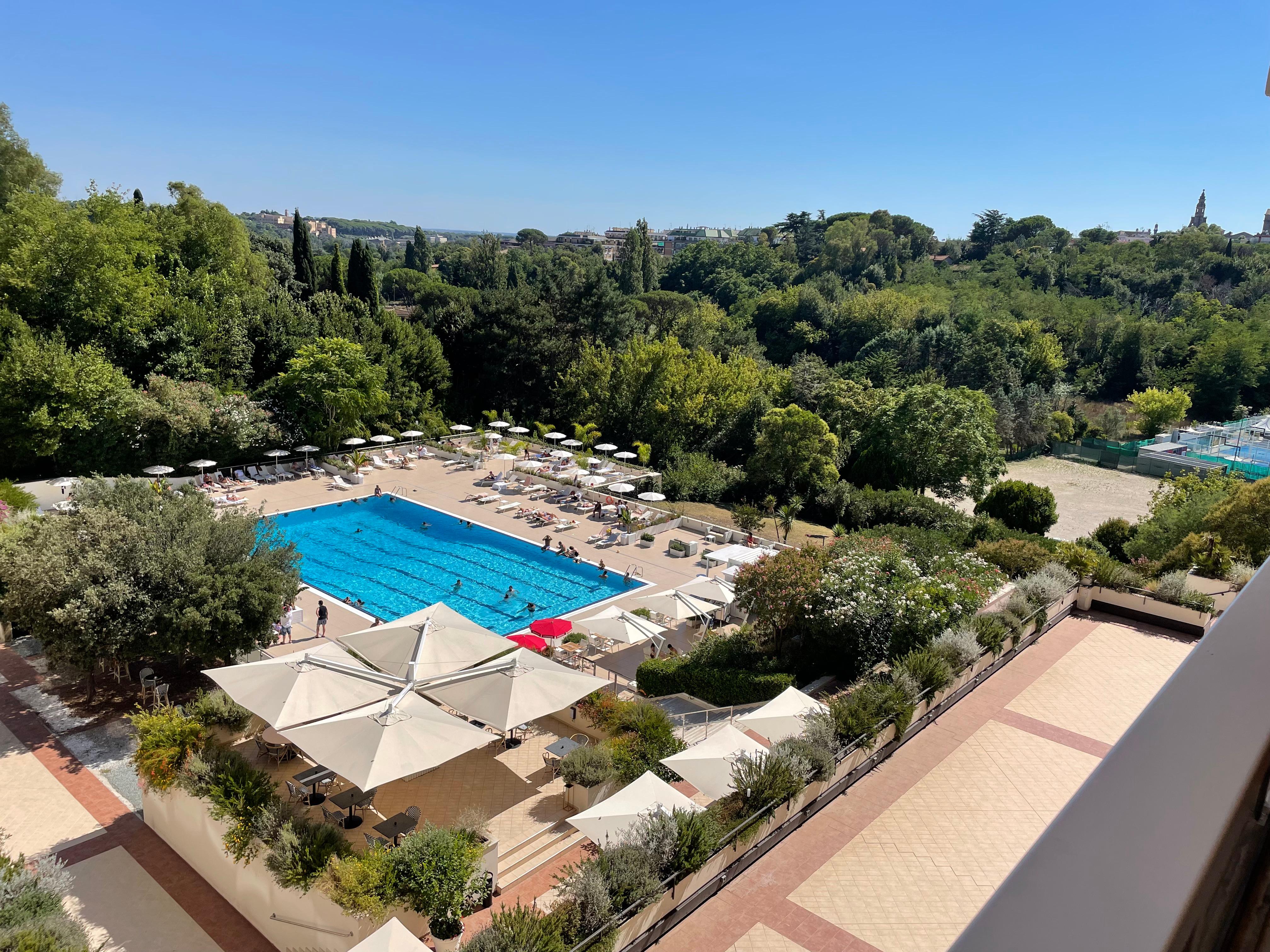 View from our balcony of the pool at the beautiful, serene Hotel,Villa Pamphili