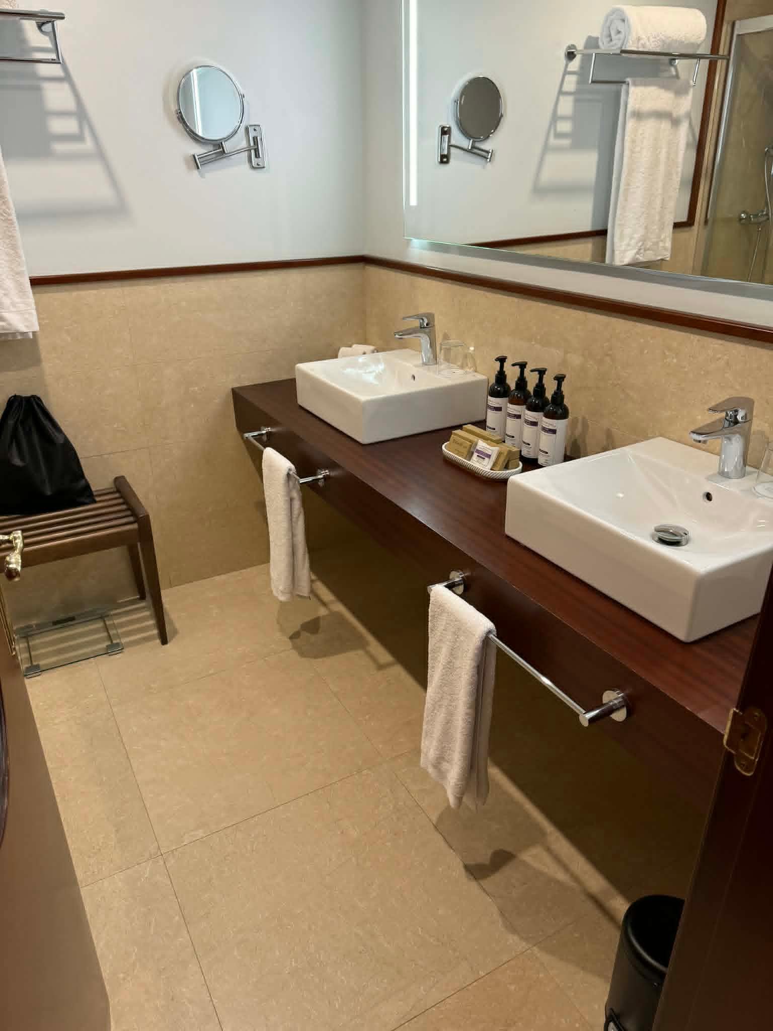 The bathroom felt spacious and luxurious, with an excellent shower. It took us a moment to work out the European tap, but once sorted it was a pleasure, and the little emergency tubes of toothpaste were a lovely touch.
