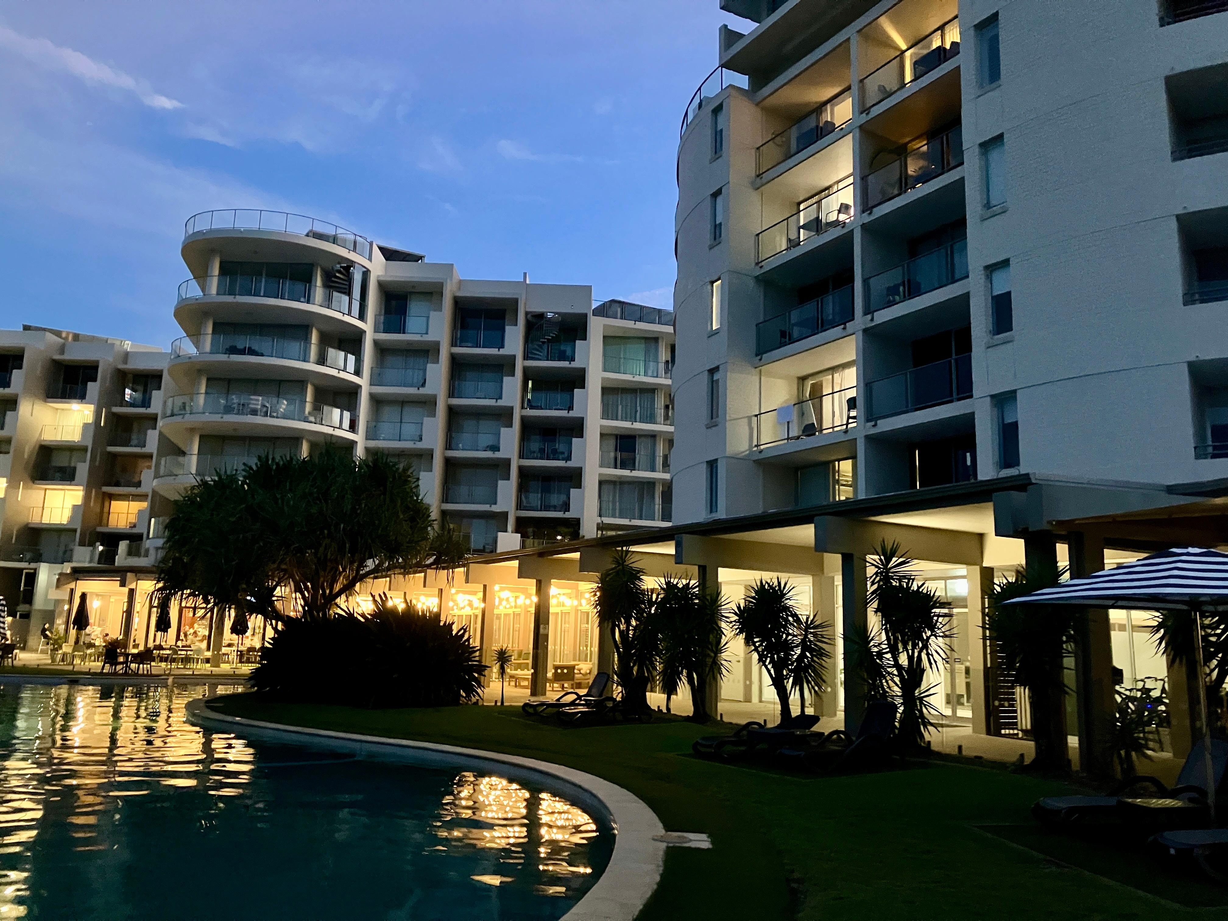 Evening view of pool area 