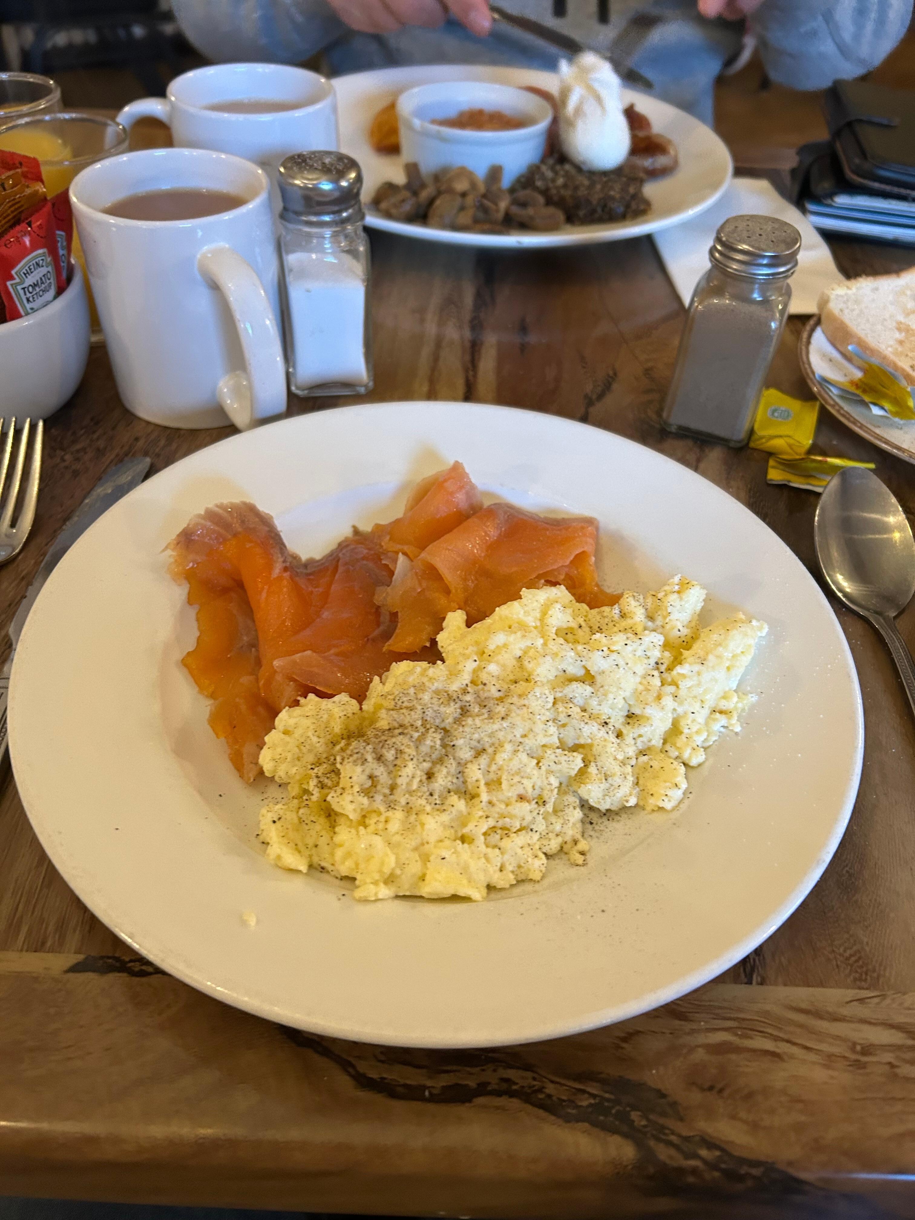 Smoked salmon and scrambled egg for breakfast.