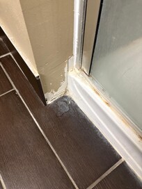 Shower door was covered in soap scum.