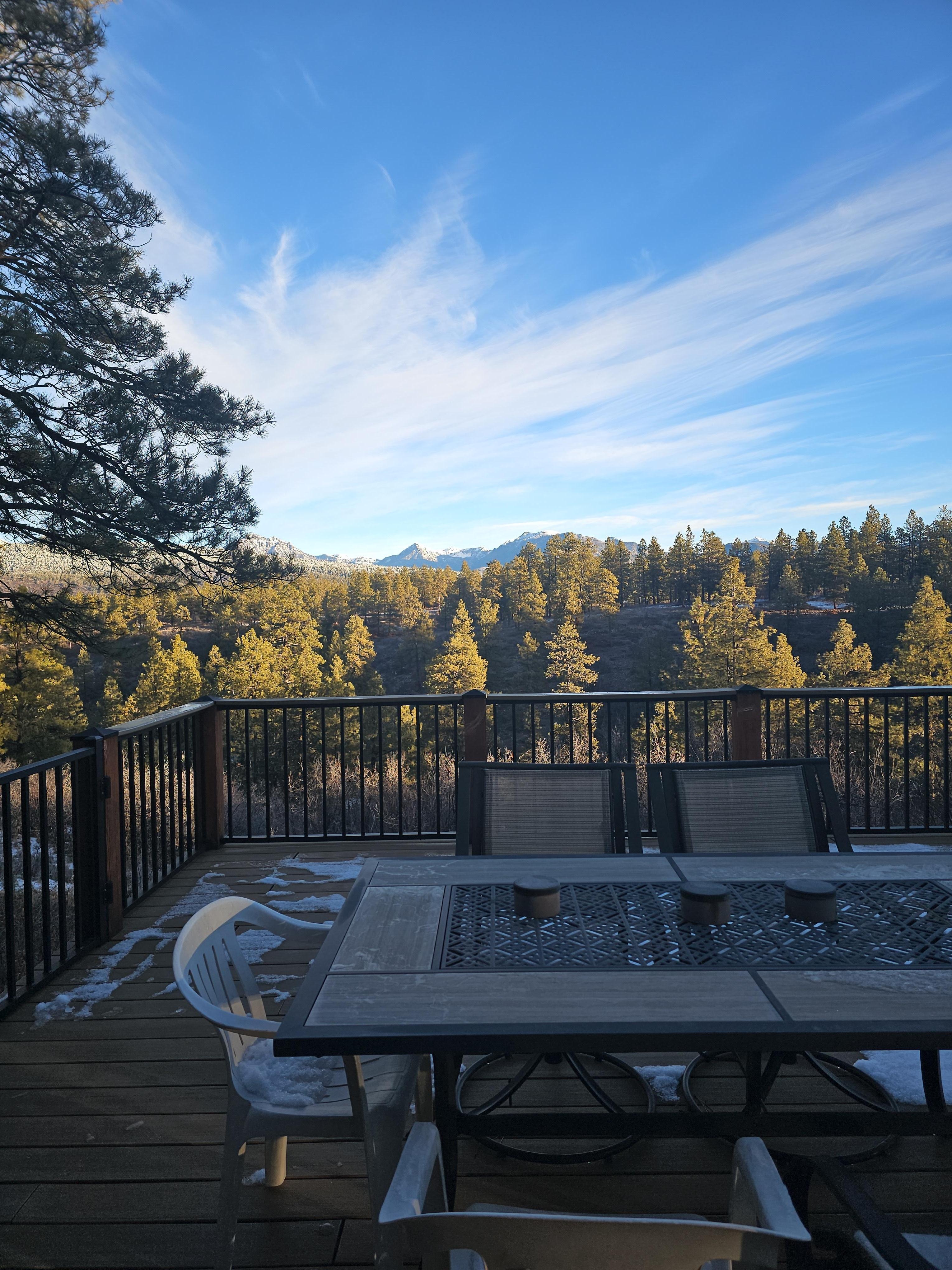 Morning views from the back deck that wraps from dining room to bedroom. 