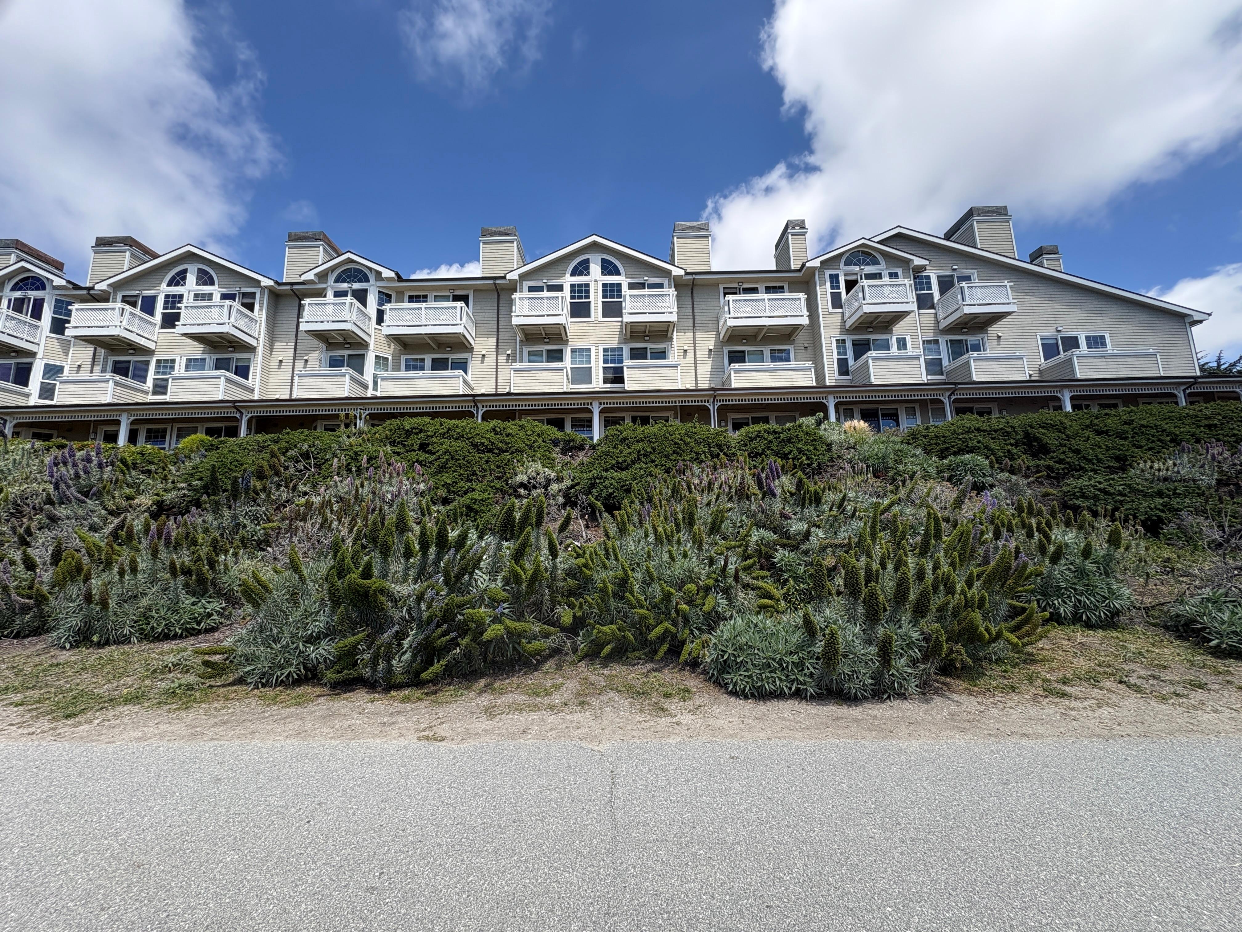 Back view of hotel from beach access trail