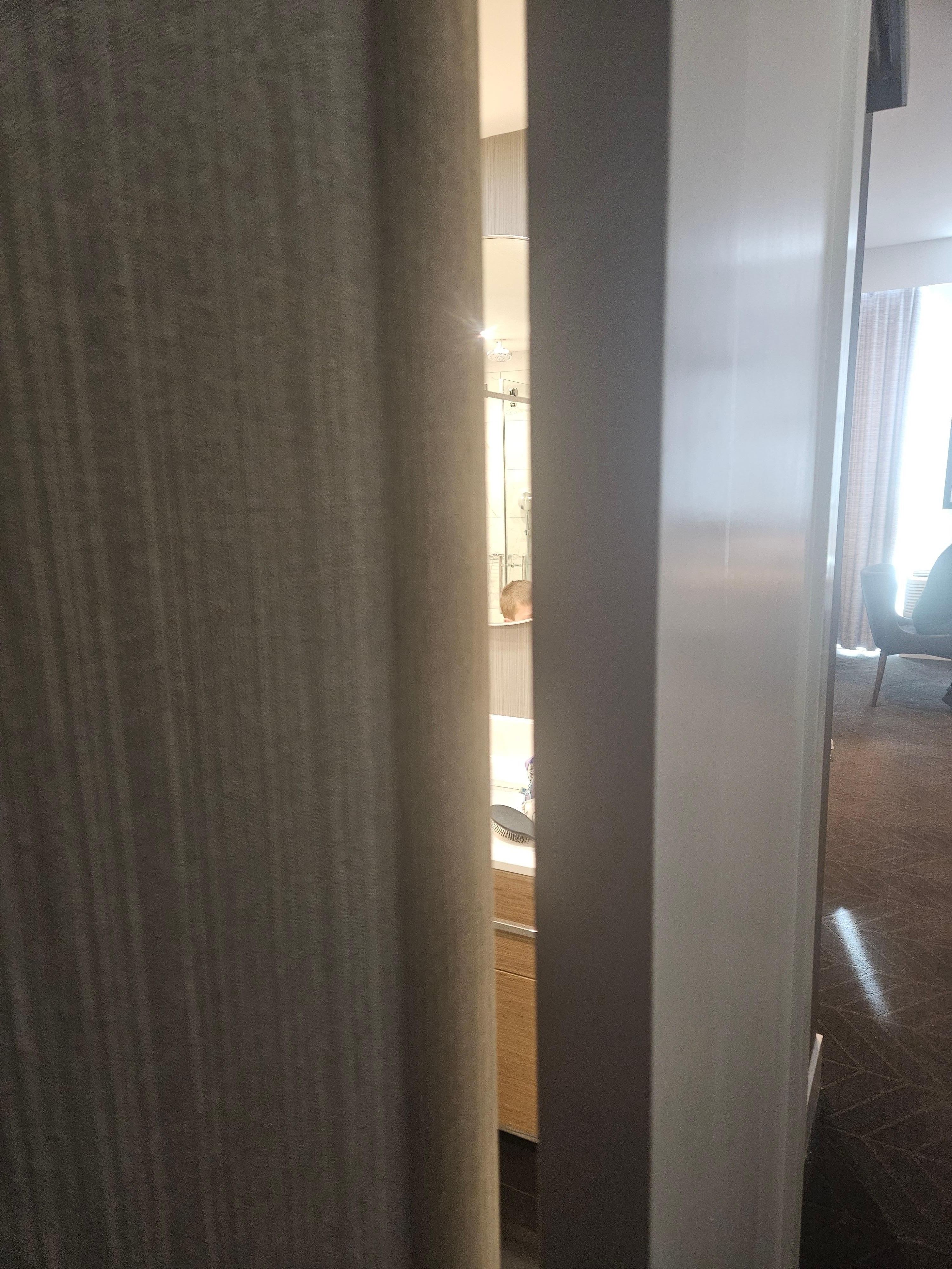 Bathroom door, huge gaps, no lock.