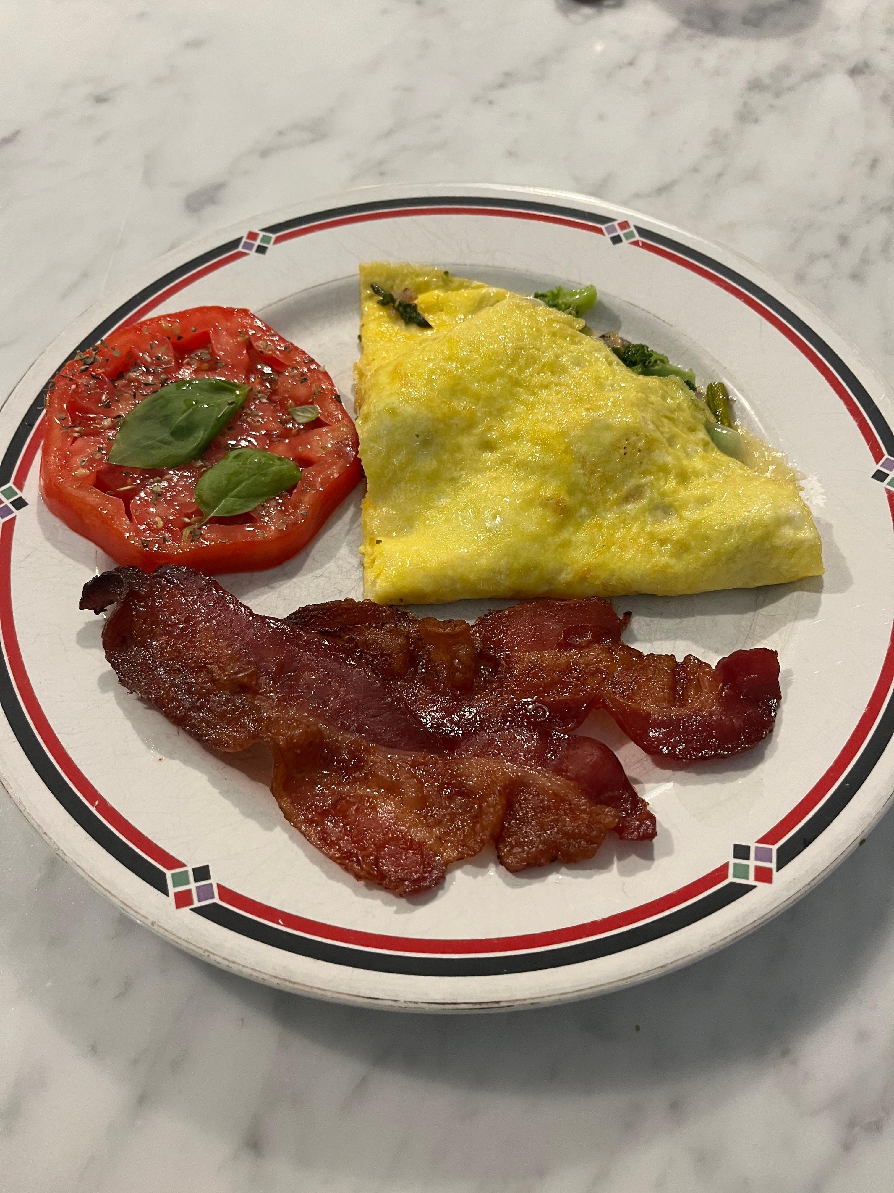 Veggie omelette with Brie, heirloom tomato and bacon