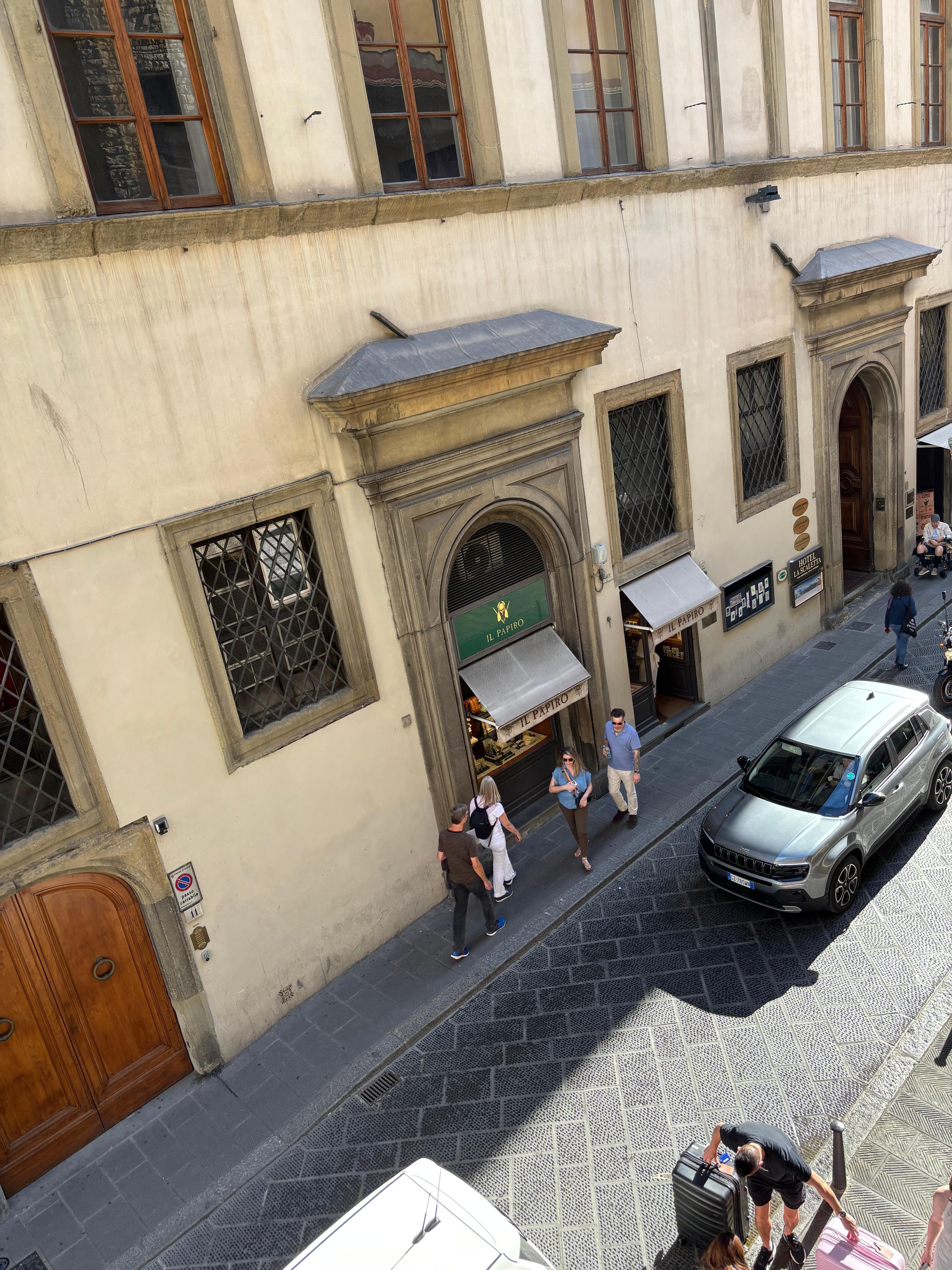 Looking down at the street 