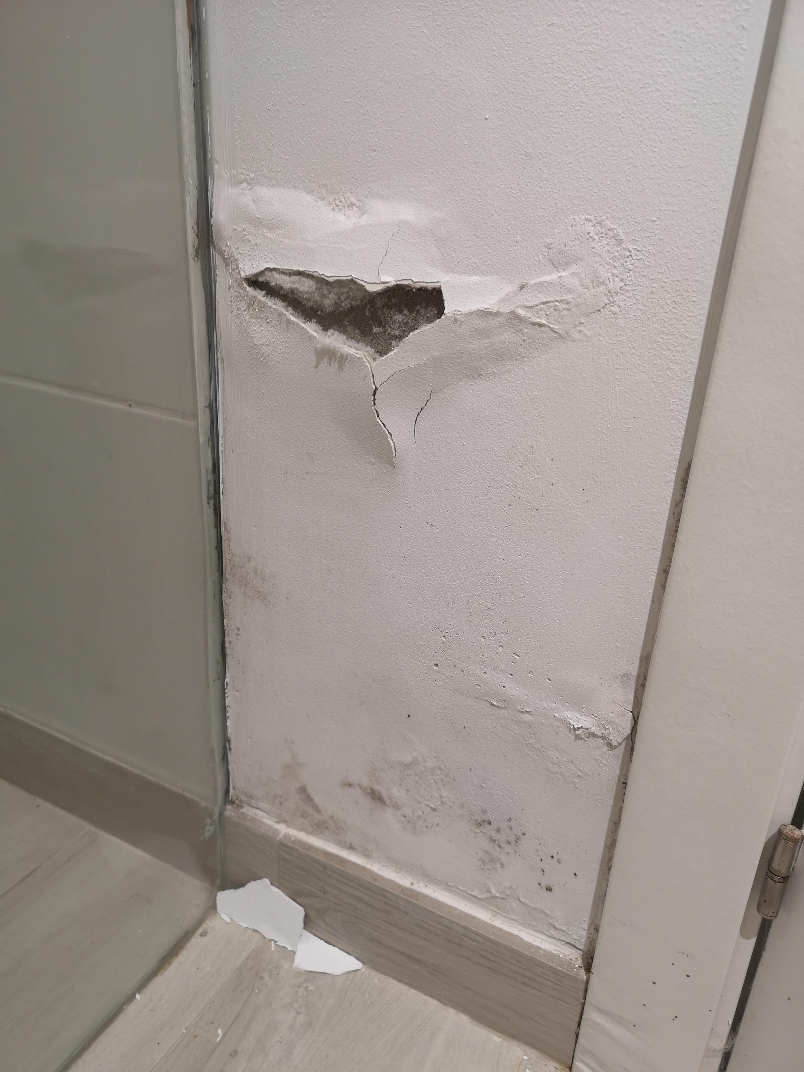 Plaster peeling off the wall from long-term damp issues in the basement bedroom/ensuite