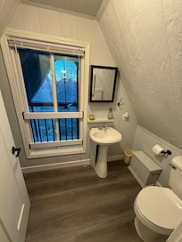Half bath overlooking the back porch.