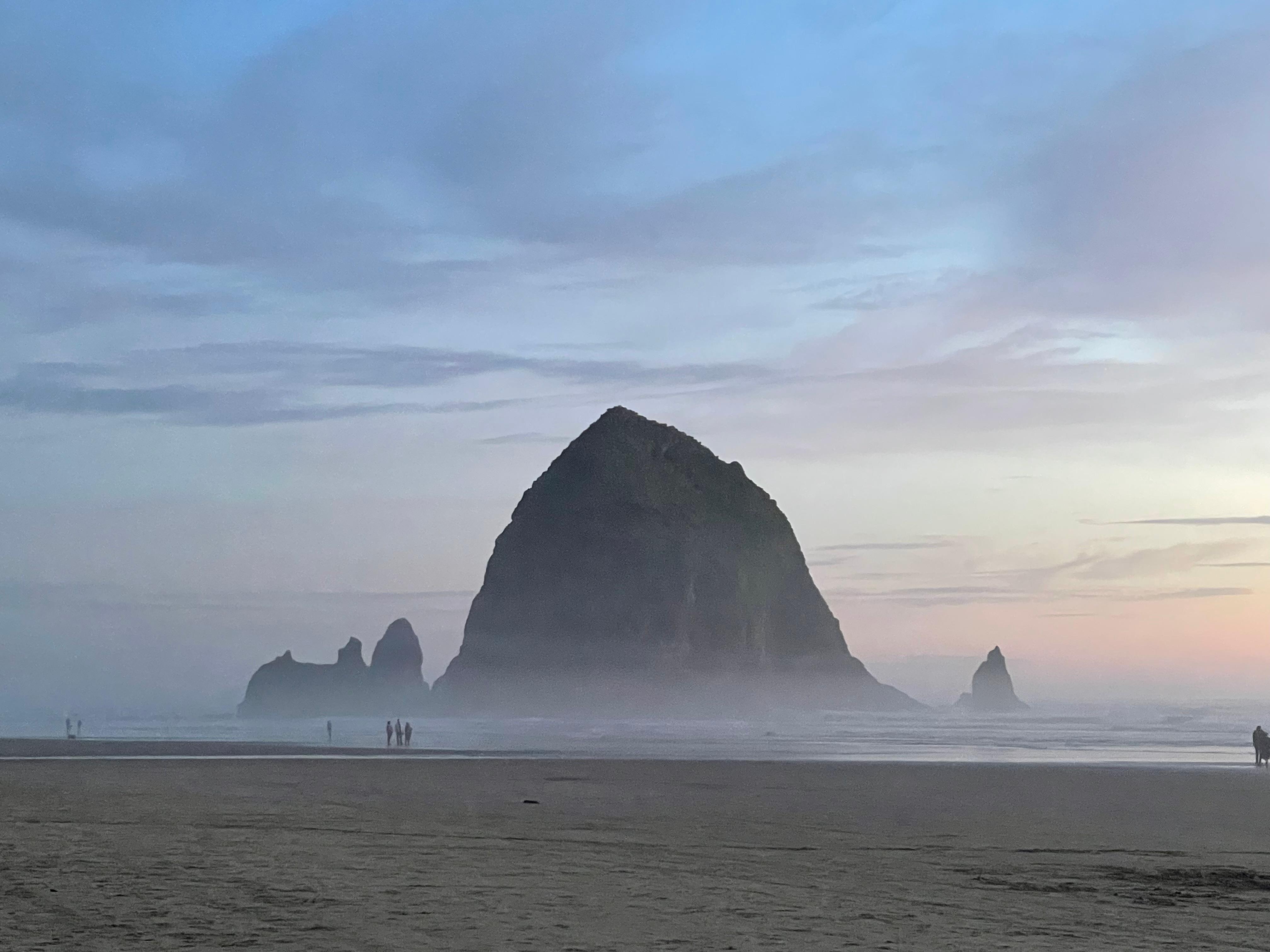 The view of Haystack Rock from our beach fire!