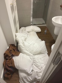 I slept on the bathroom floor with my white noise machine on high and it was still loud