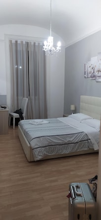 Chambre principale avec lit double, placard, bureau et frigo. Vue sur rue.