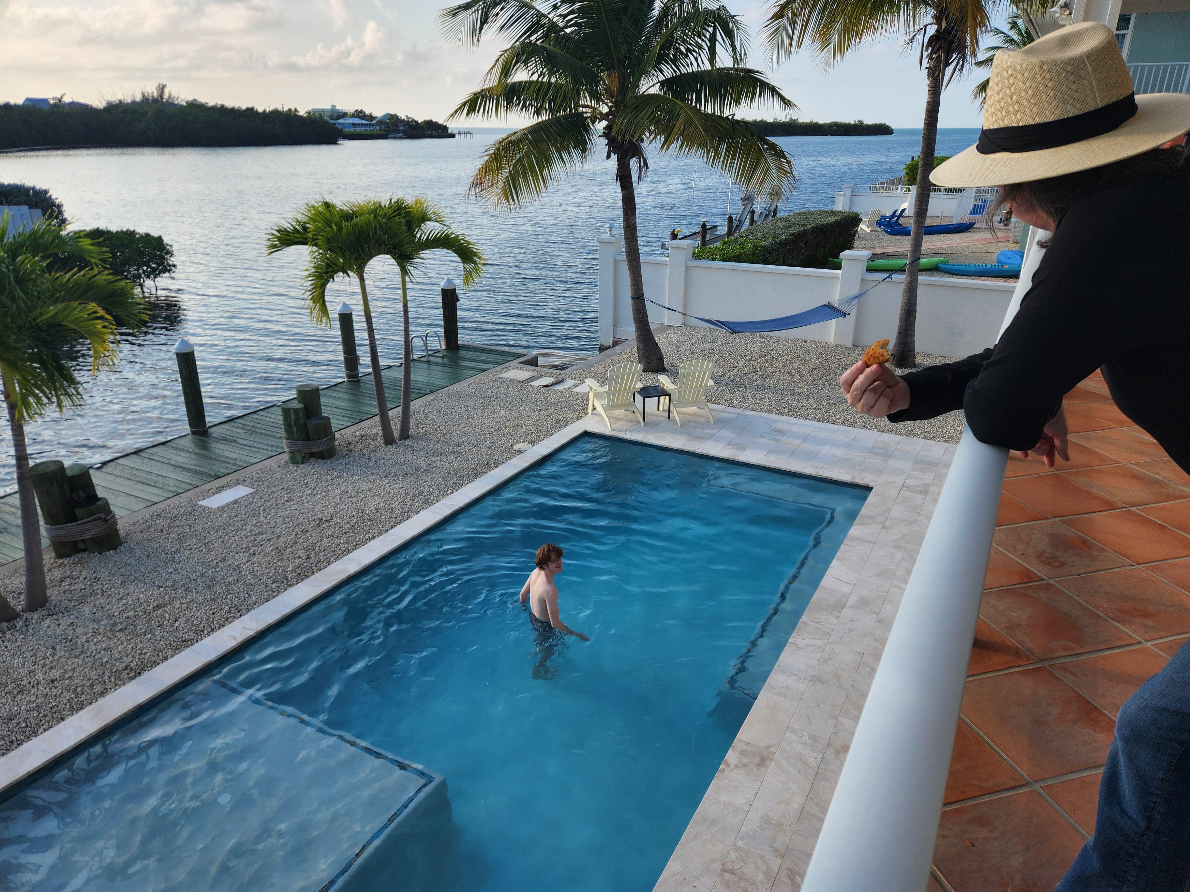 Great heated pool with splash seating, left foreground 