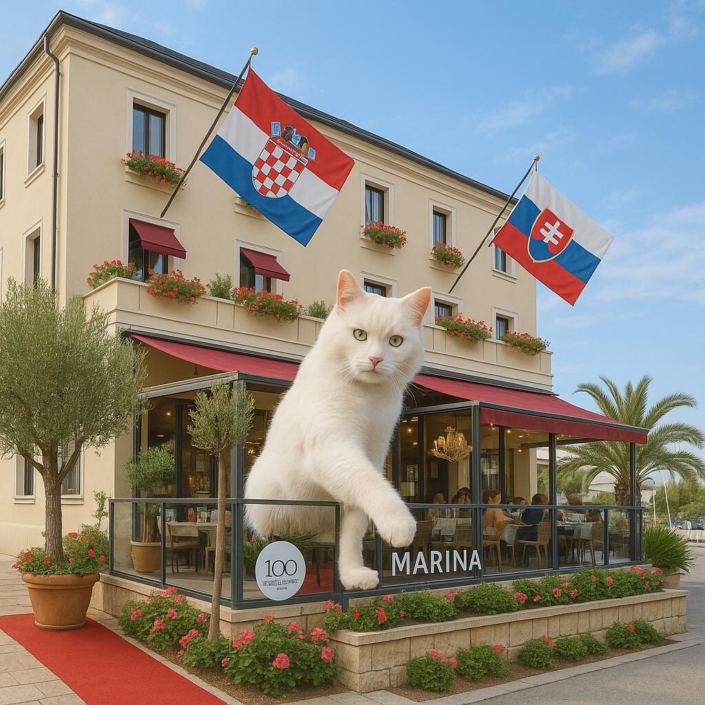 There is a cute cat at the hotel. 