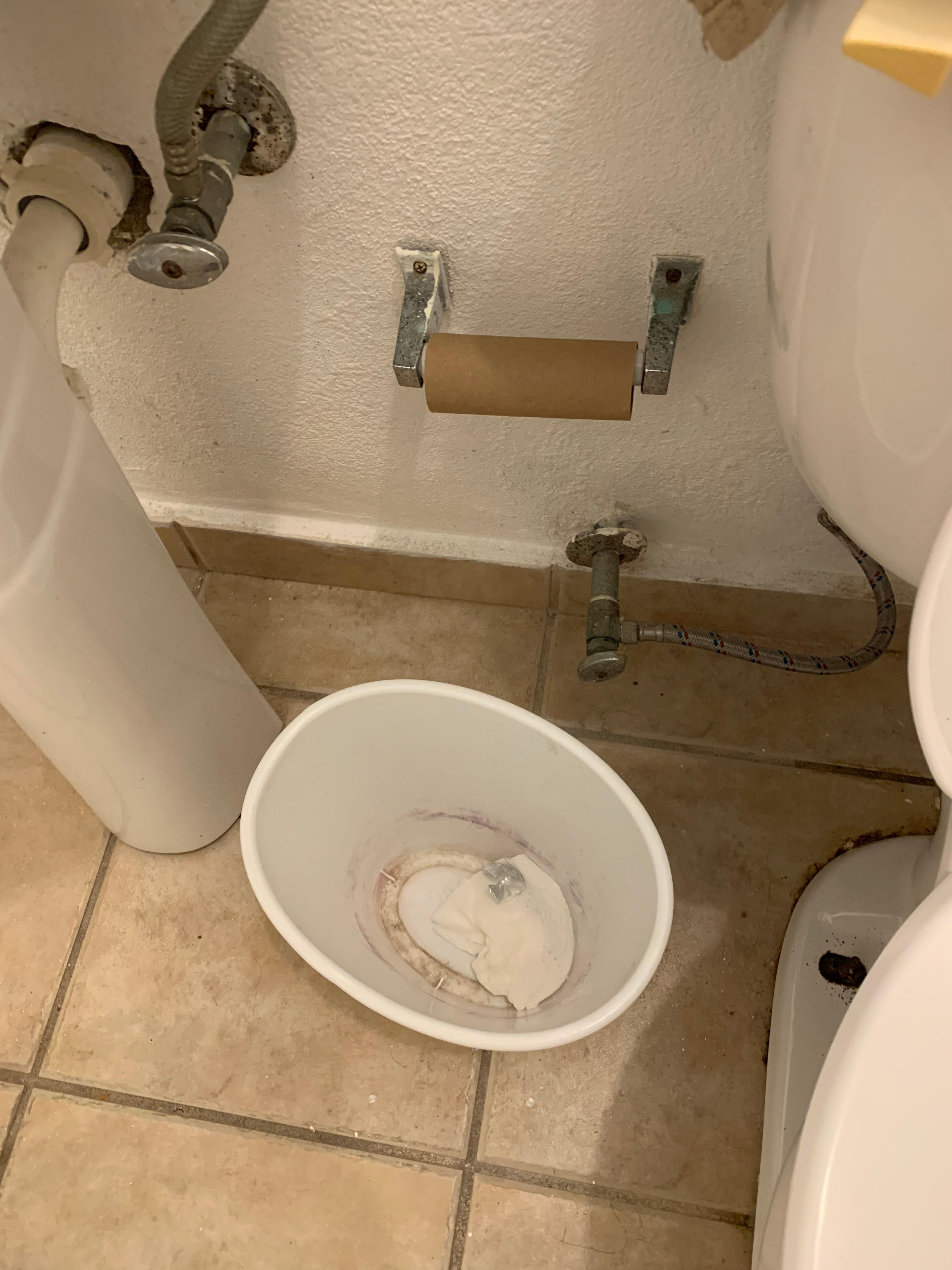 No toilet paper or bag for garbage. And look how disgusting it was under that toilet 🤮🤢