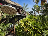 Thatched roofs on beautifully landscaped rooms.