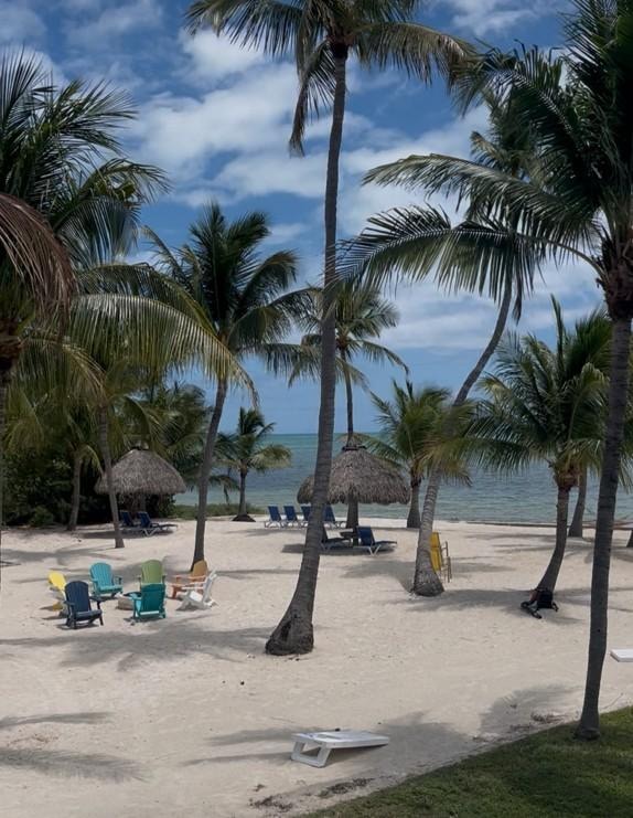 Beach has chairs, volleyball net, sand, BBQ. Beach towels can be checked out at front desk.