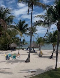 Beach has chairs, volleyball net, sand, BBQ. Beach towels can be checked out at front desk.