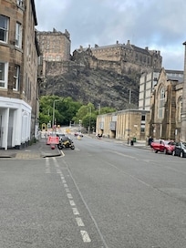 View of castle walls from the street outside the apartment.