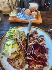 Available at "Stranded" Trout benedict, and Danish pancakes. Delicious!