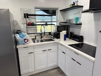 Electric panel
Over sink. Black trash bag as curtain