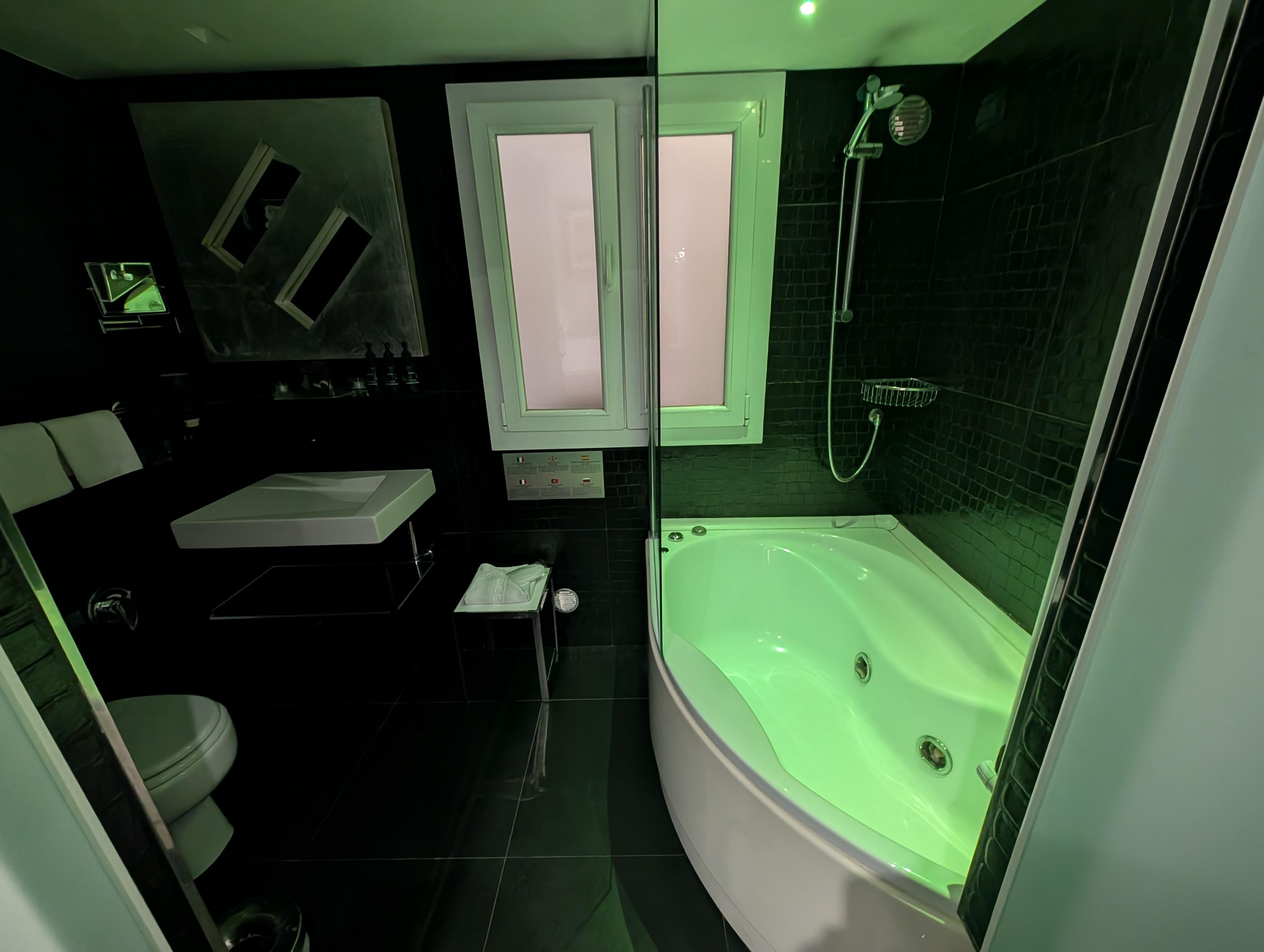 The bathroom - the colour changing lights can be switched off, but are nice while soaking in the bath