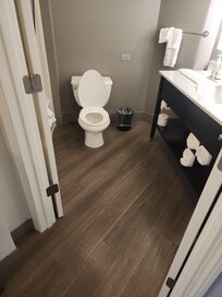 The lowest toilet i have ever shat on... very uncomfortable to use being 6'5" shower head was also to low for tall me. I do like the soap shampoo and conditioner in each shower.. Way better than the tiny bottles..