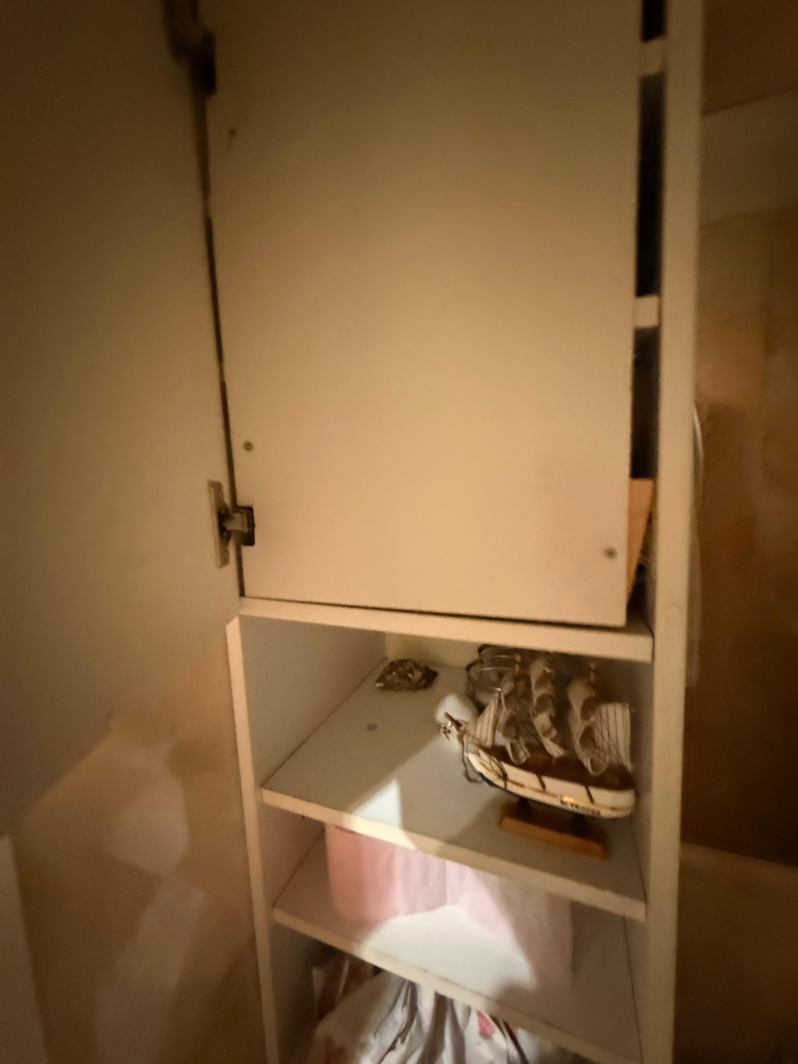 Press board cabinets are everywhere making rooms and hallways crowded.  The cabinets serve no purpose since they are  boarded up.  Very strange! 