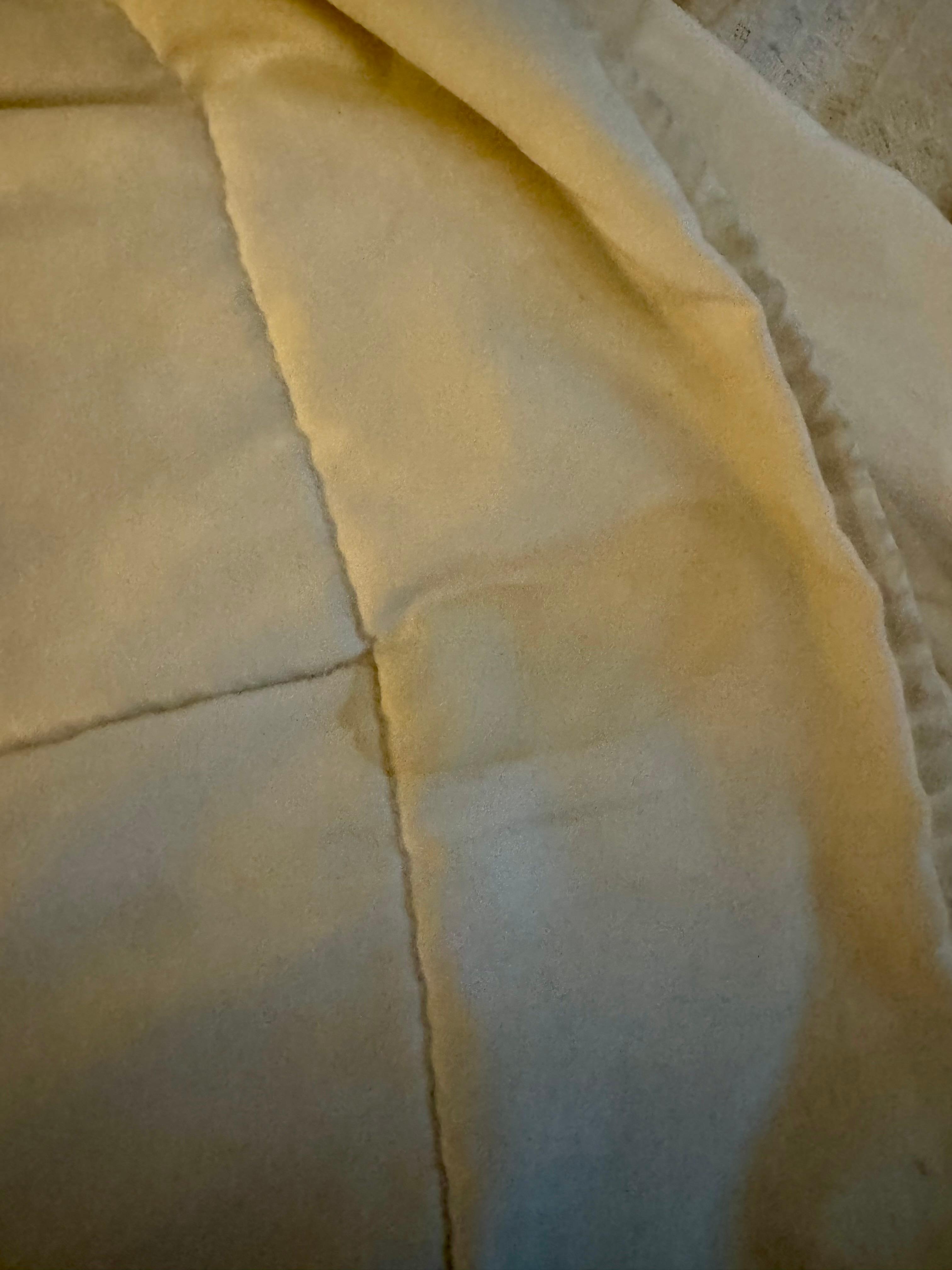 Stained blanket on bed