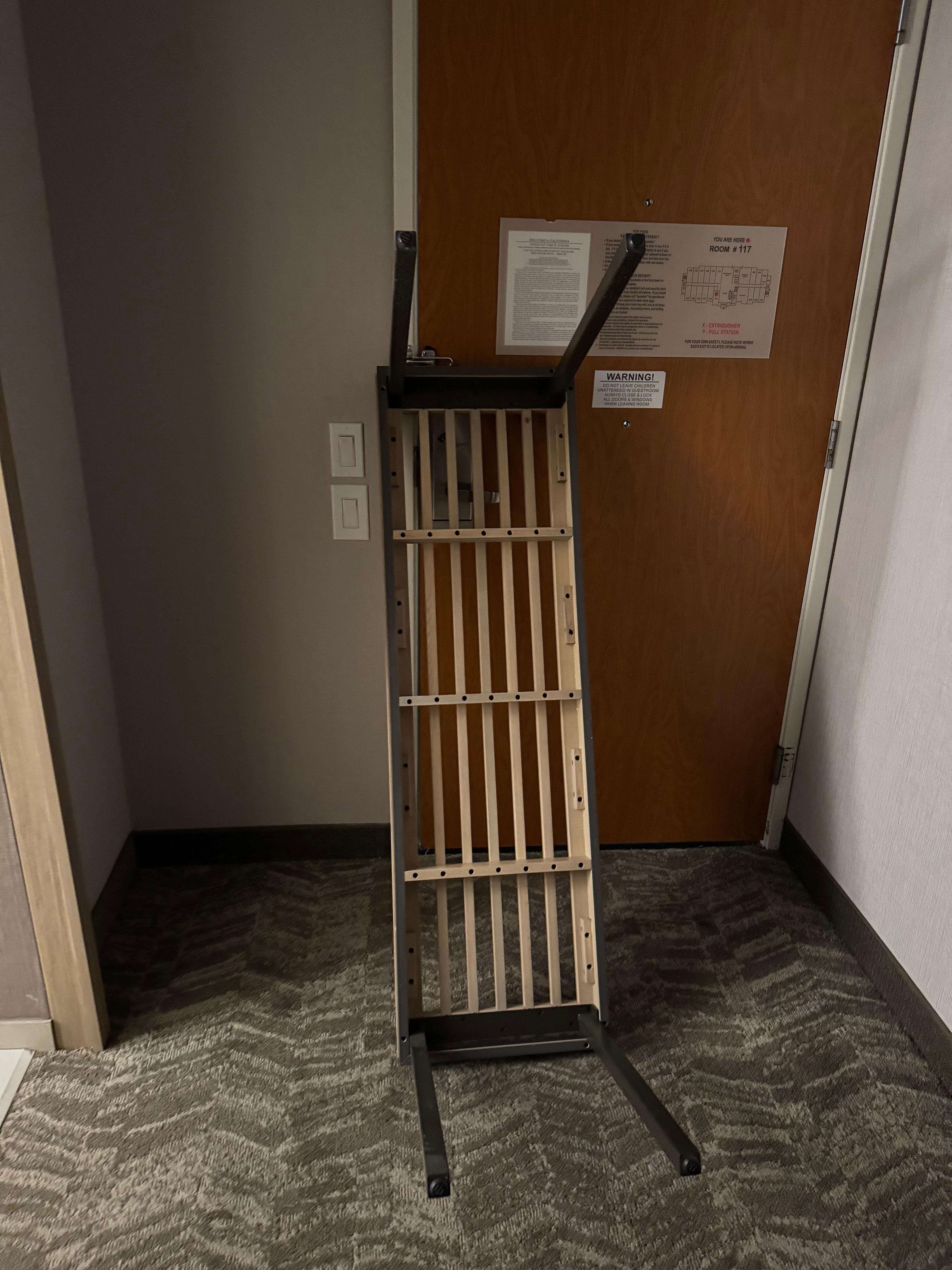 Broken lock. Used what we could in the room to barricade the door