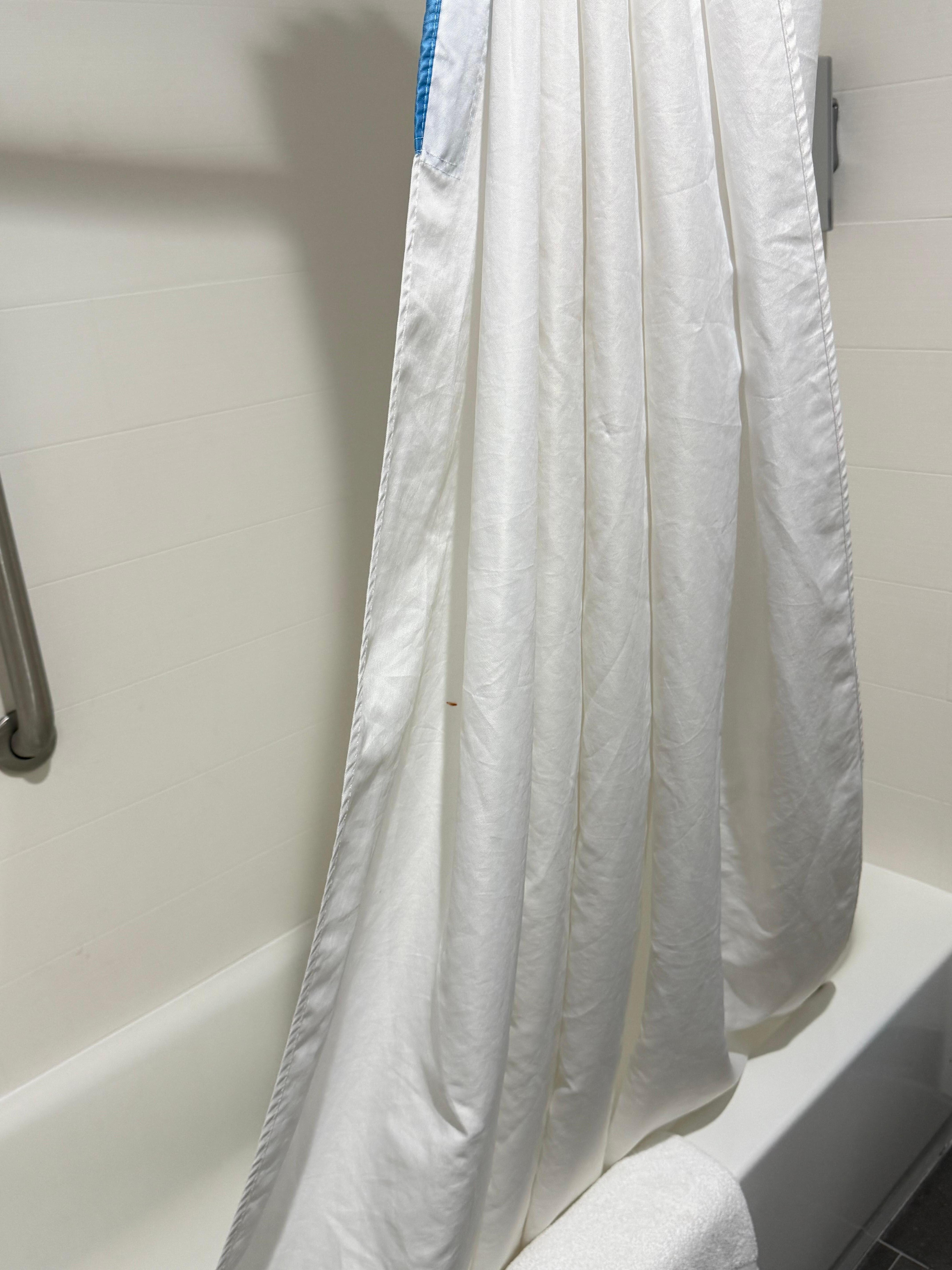 Stain on shower curtain, change that thing out for the amount you charge, sheesh.