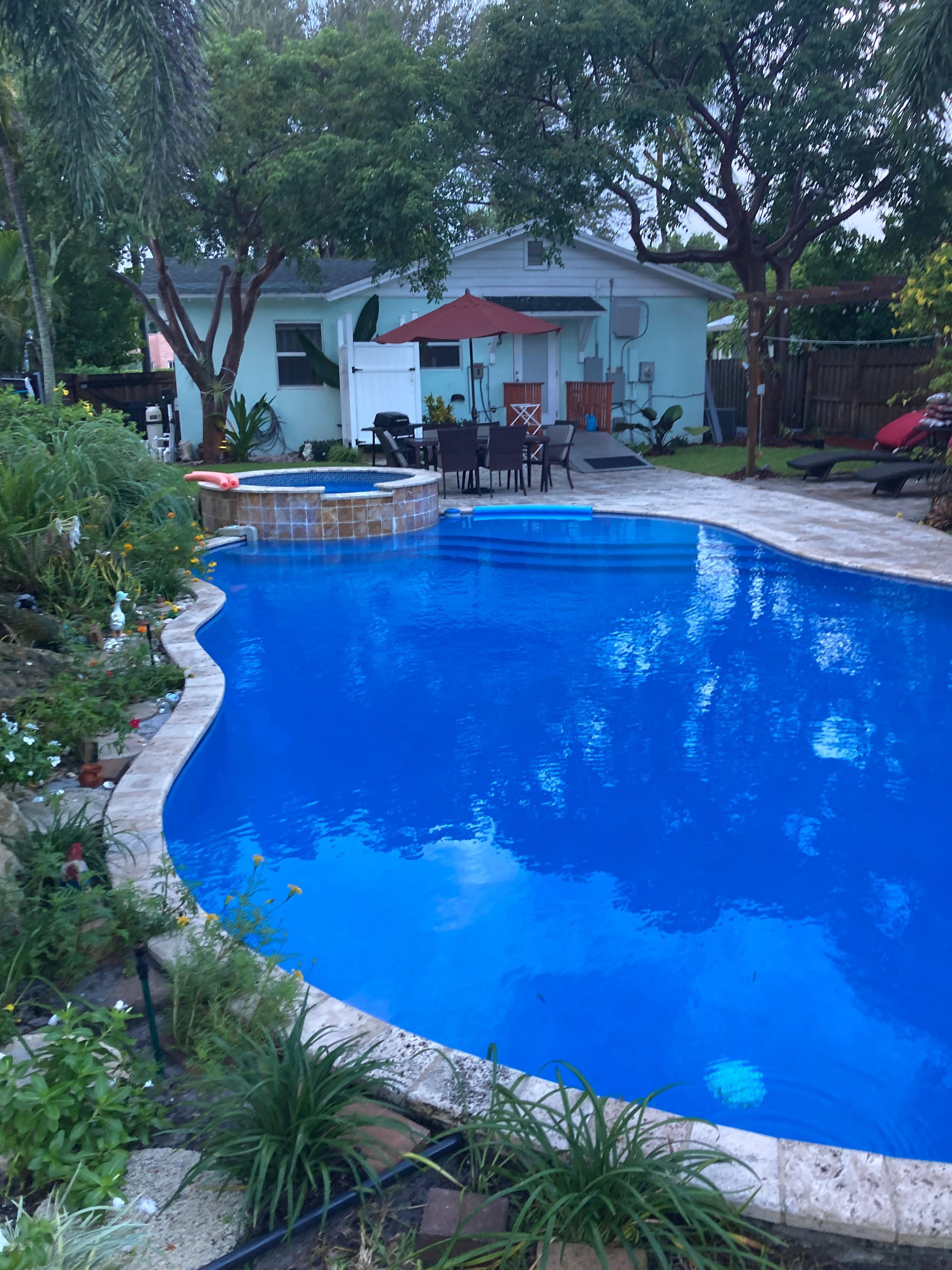 Backyard view of home & pool/spa