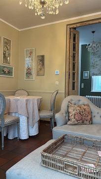 A view of the dining table from the settee in the living room.