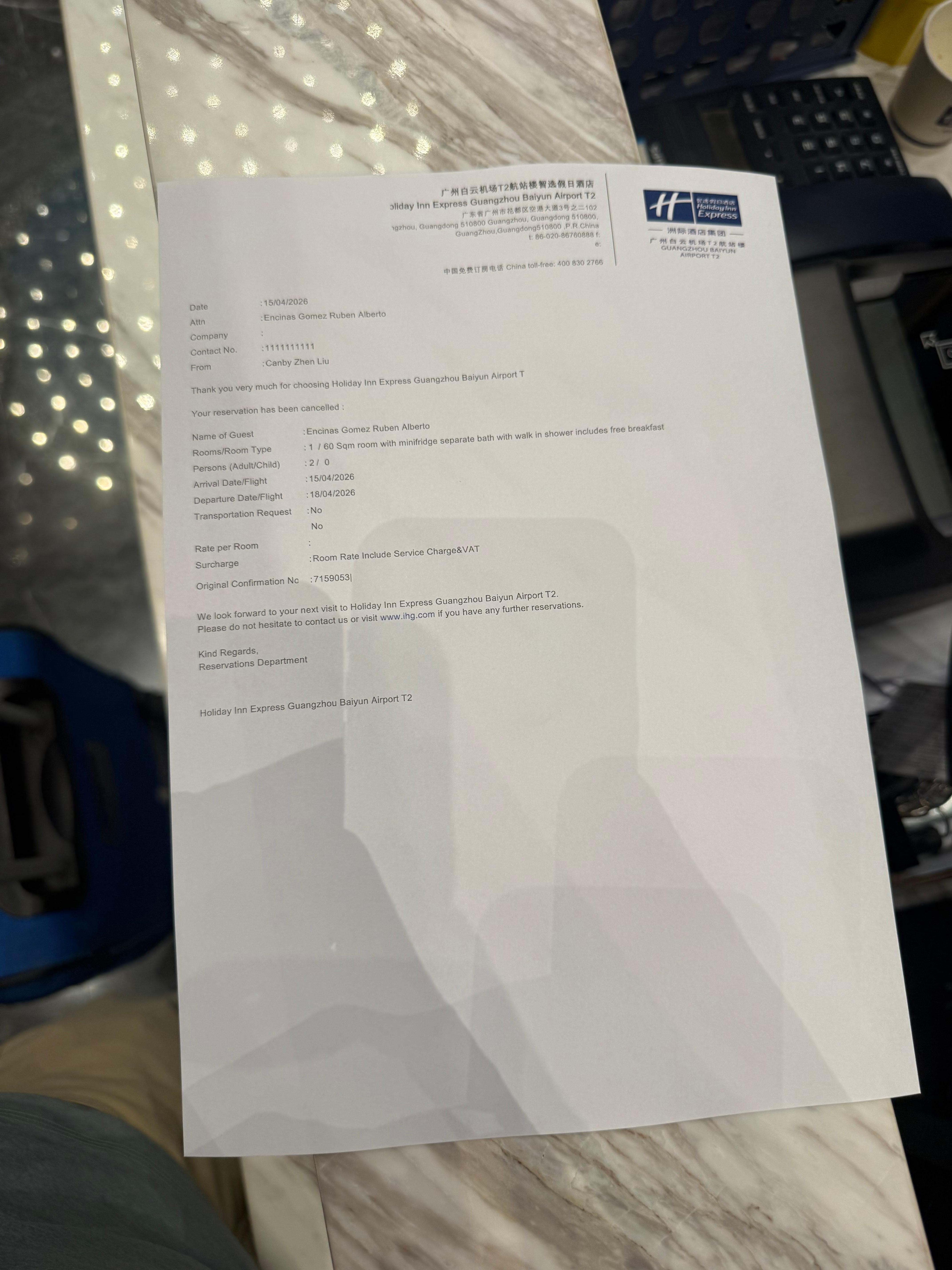 Cancellation letter on lobby check in date