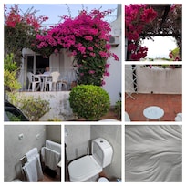 Kleine Terrasse vorm Wohnzimmer (Eingang), Ausblick vom Schlafzimmer mit Blick zu weiterer Miniterrasse, Bad und Zustand der Matratze