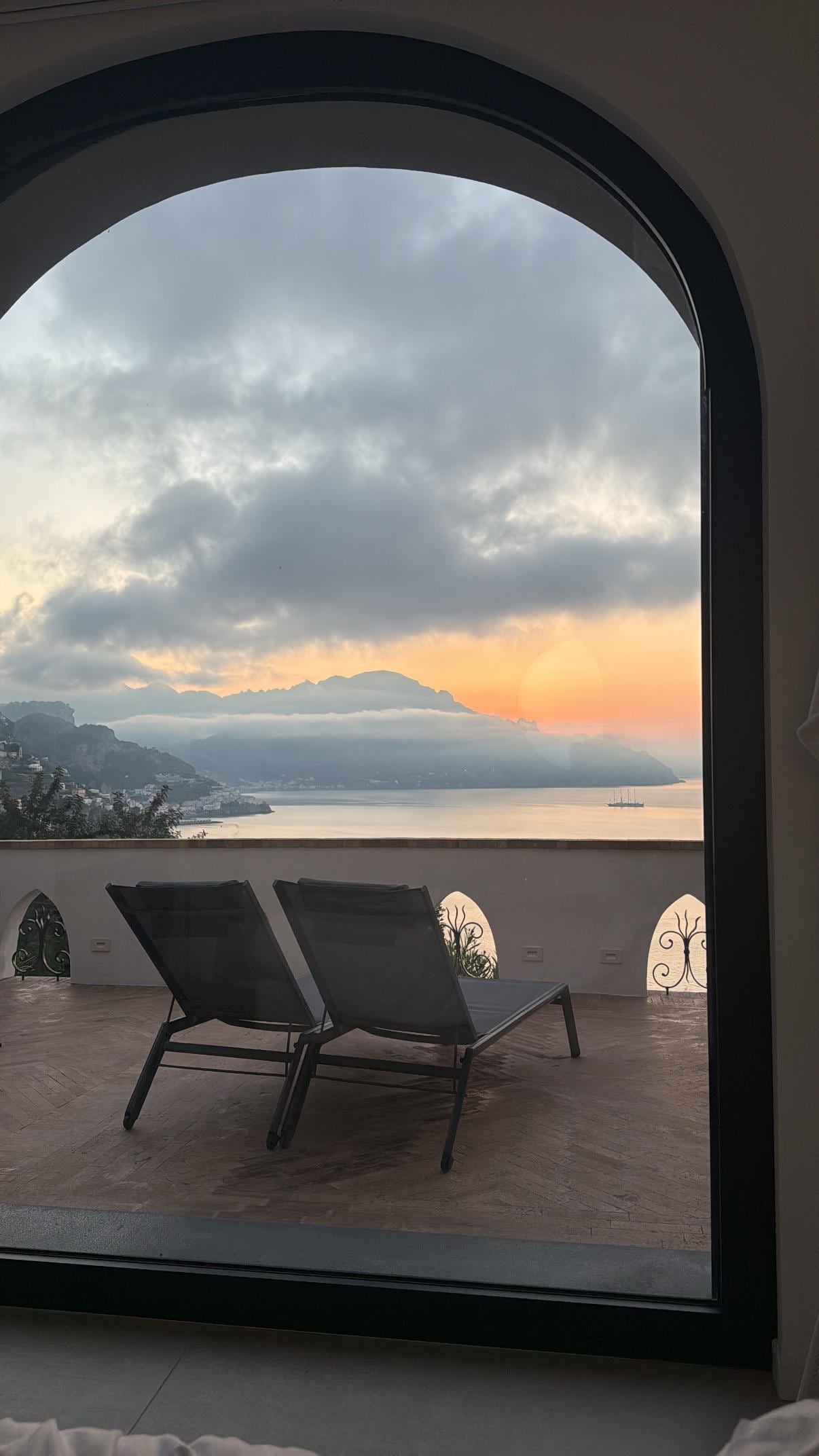 Sunrise looking out on terrace from bedroom