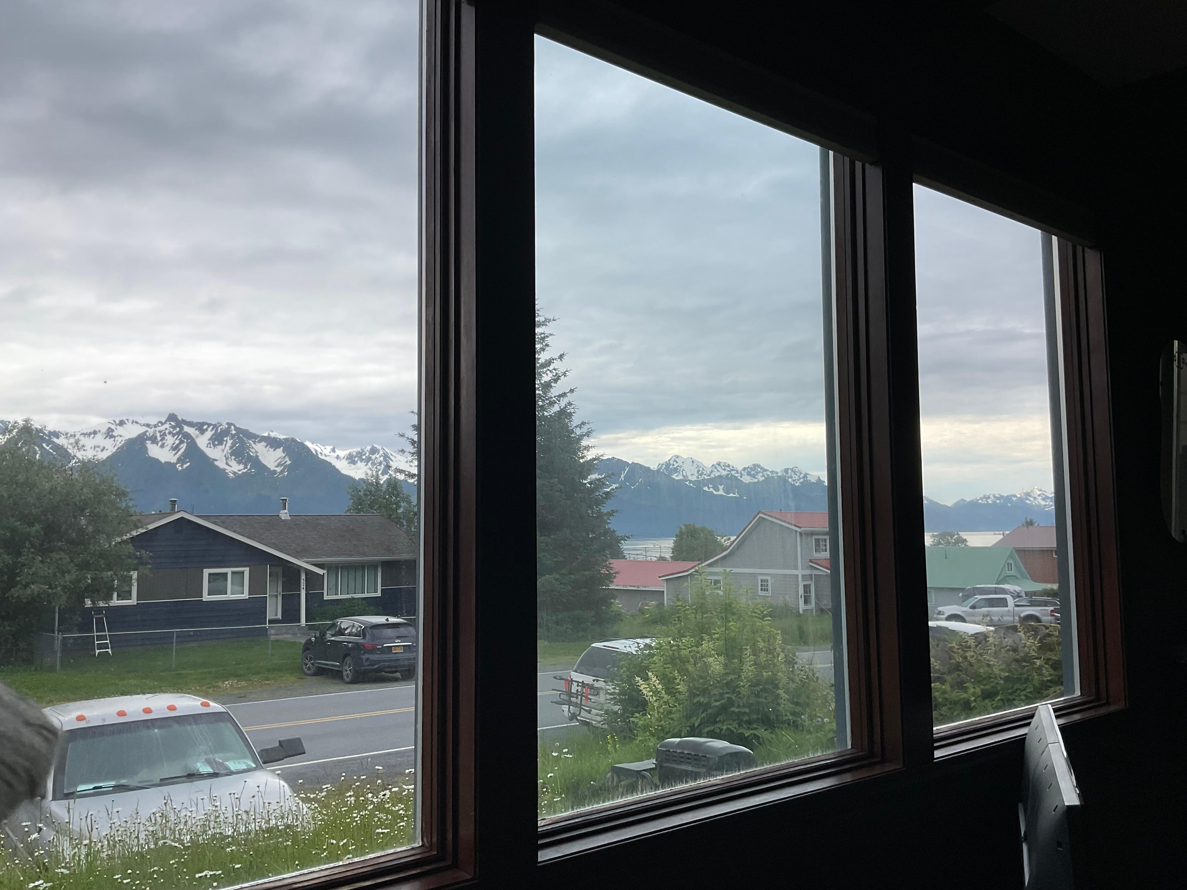 Mountains and bay from the living room. Sorry, no pic of the salmon dinner!
