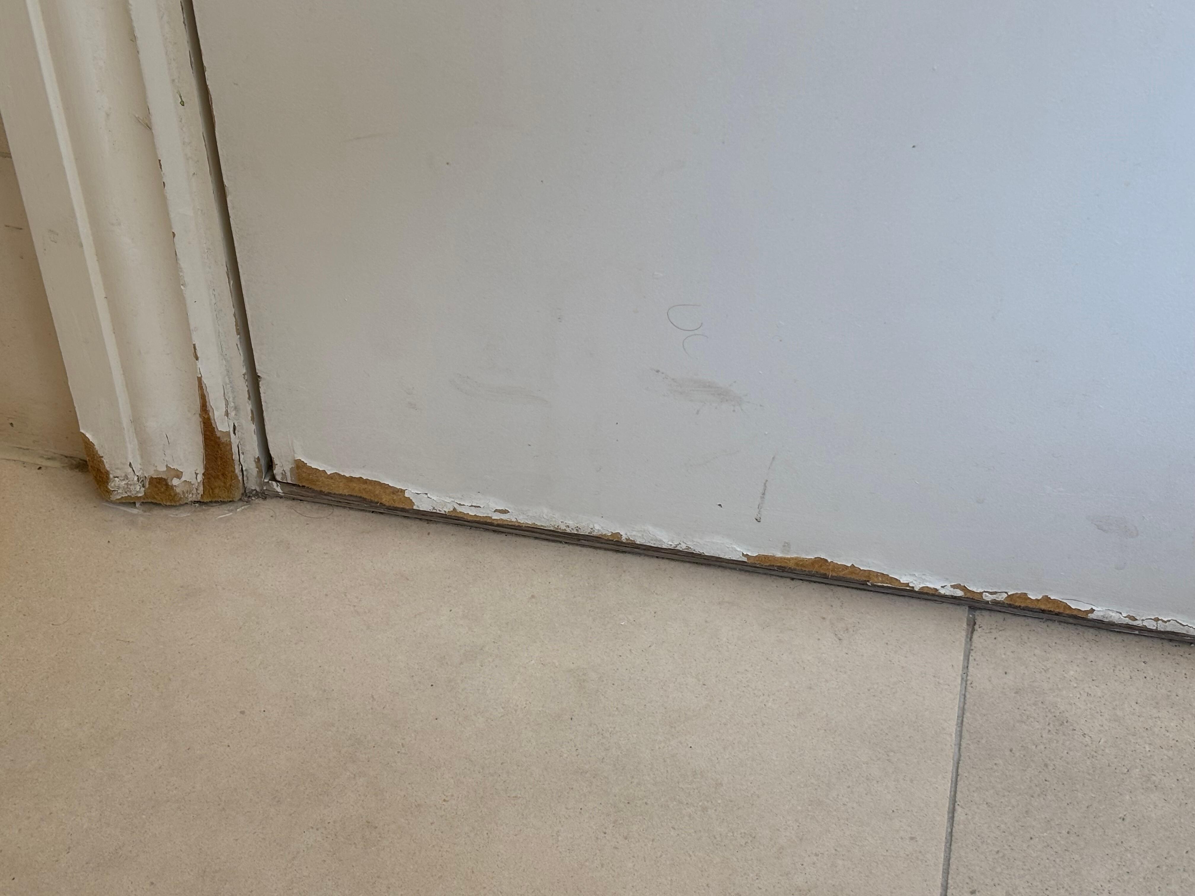 The bathroom door has water damage on the bottom to half way up the door