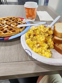 This was the best picture I could get from our comp breakfast. Basically it's waffle n eggs, no sausage, no bacon , no nothing for sides