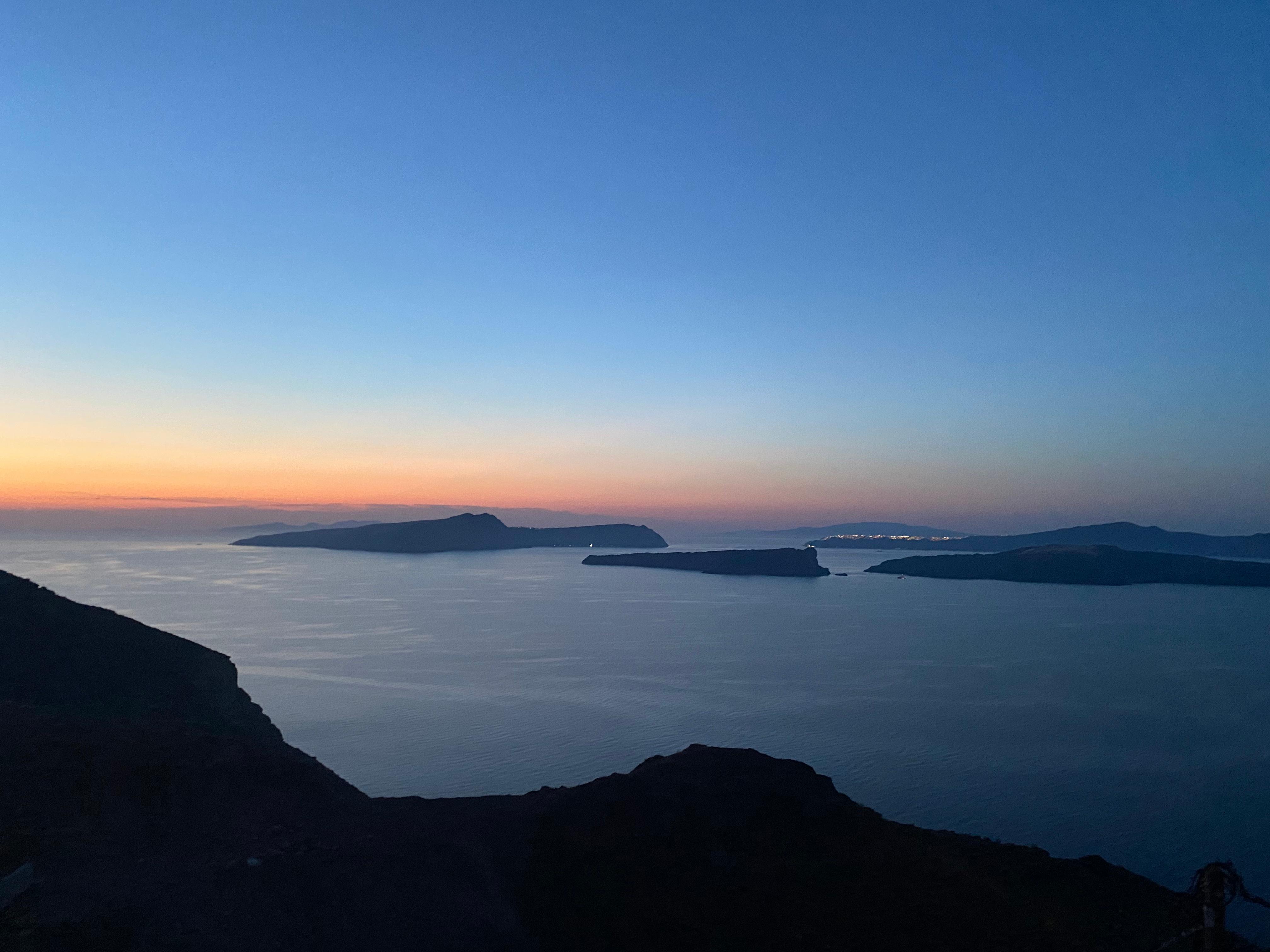 View of the caldera from the hotel at sunset.